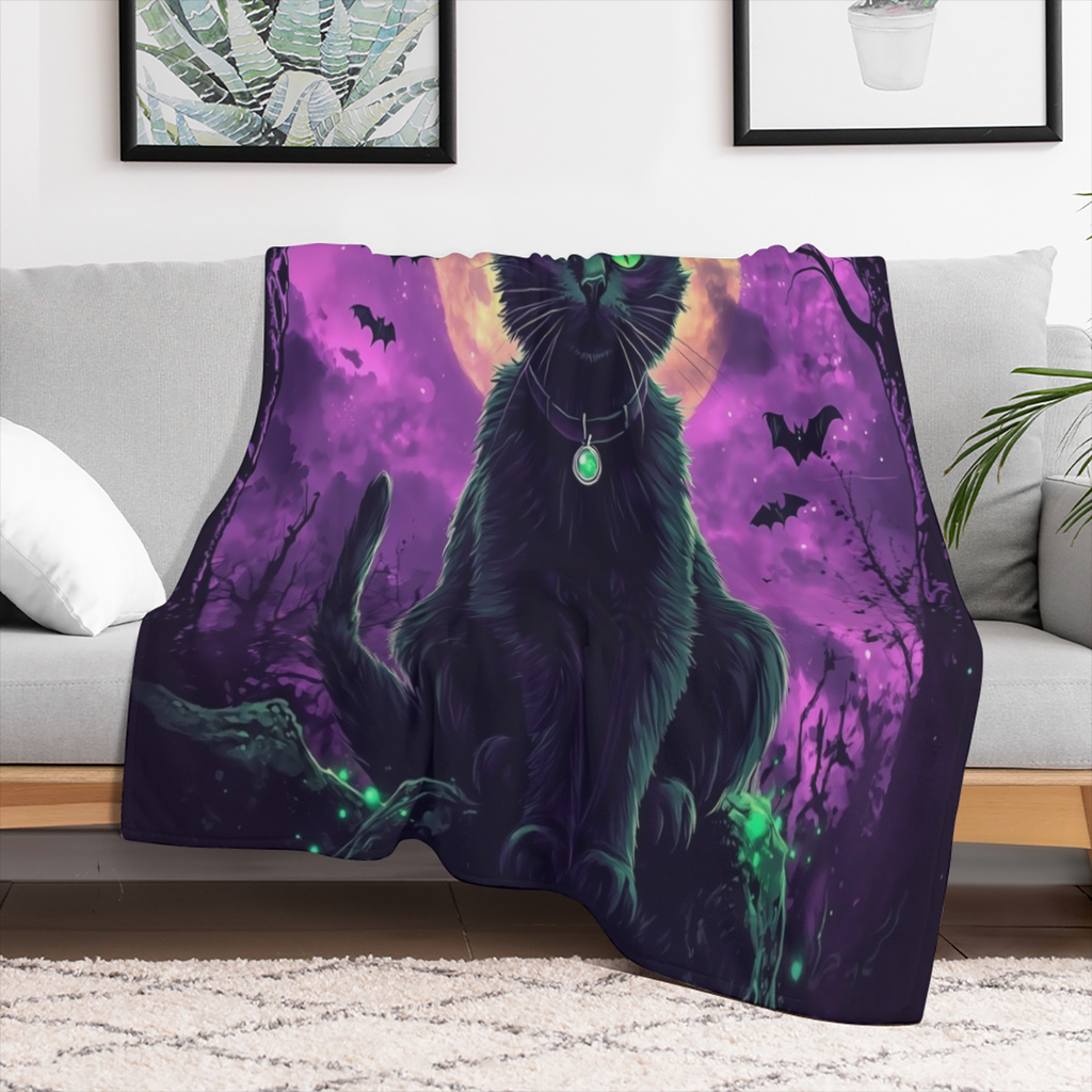 1pc Halloween Black Cat Blanket Soft Flannel Polyester Throw with Spooky Moonlit Forest Design, Perfect for Home Decor, Outdoor Adventures, and Holiday Gifts ( 280- 300g) , Halloween Decorations