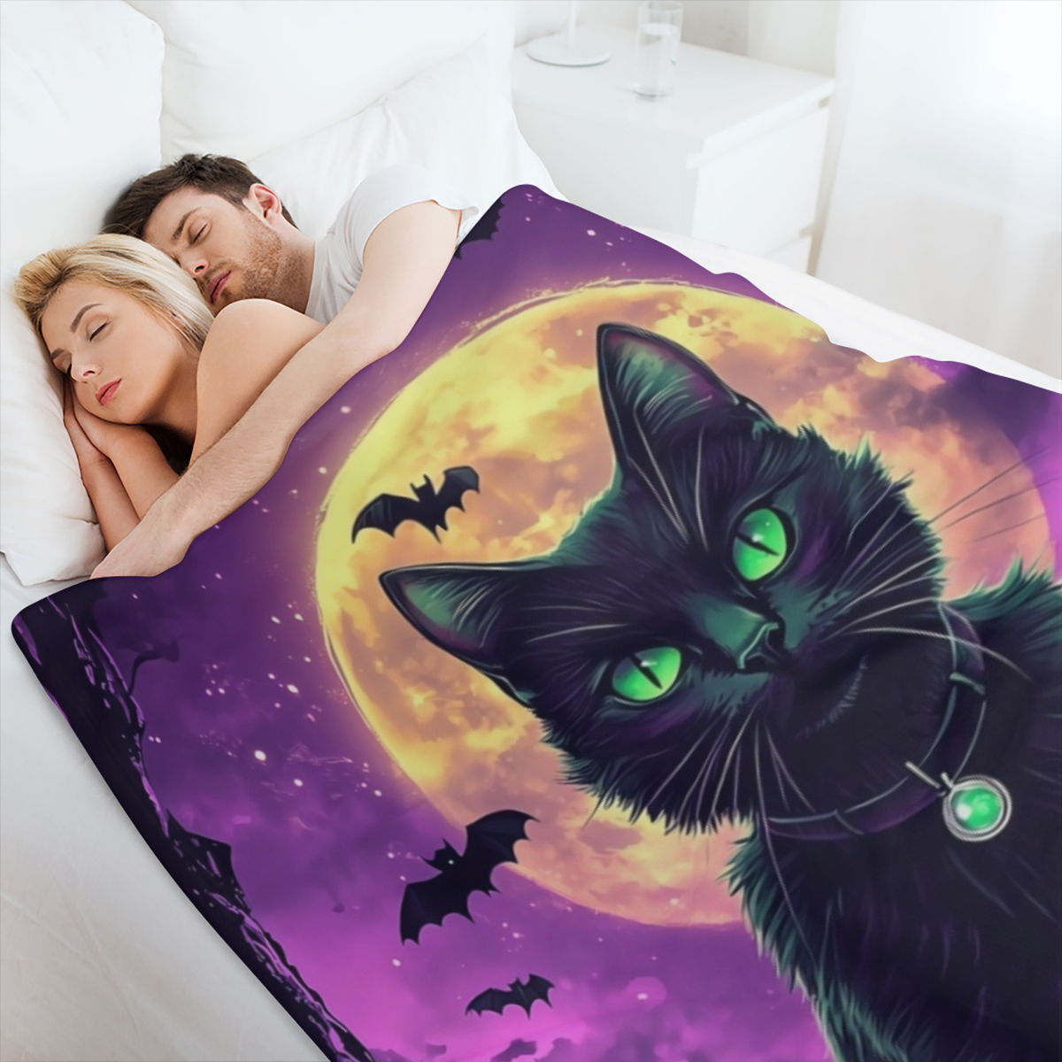 1pc Halloween Black Cat Blanket Soft Flannel Polyester Throw with Spooky Moonlit Forest Design, Perfect for Home Decor, Outdoor Adventures, and Holiday Gifts ( 280- 300g) , Halloween Decorations
