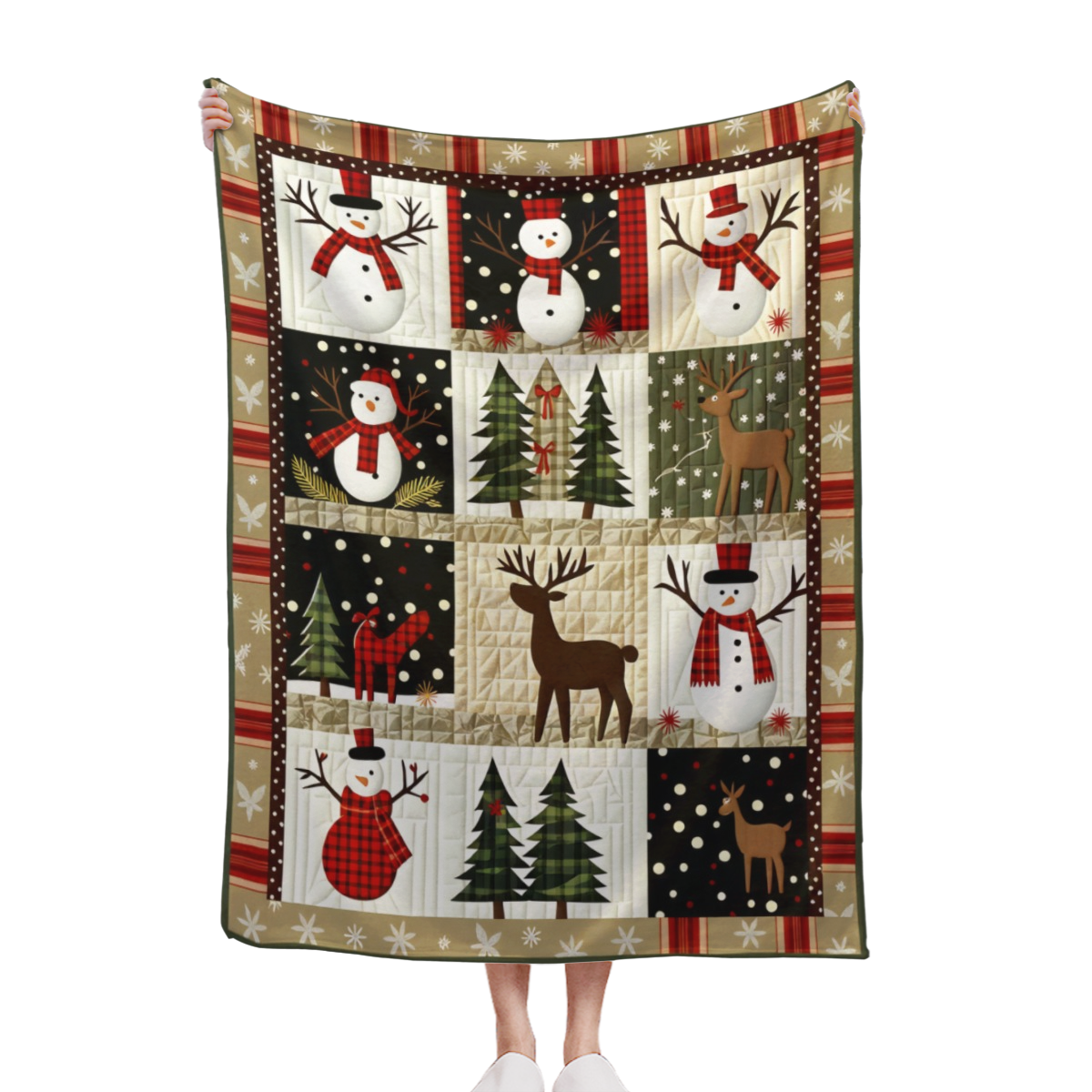 [Cozy Christmas Quilt] Cozy Christmas Flannel Quilt| Snowman, Reindeer Cedar Print Warm Soft Patchwork Throw For Sofa, Bed, Car, Office, Camping Travel - Vintage Style With Plaid Border, All-Season Gi