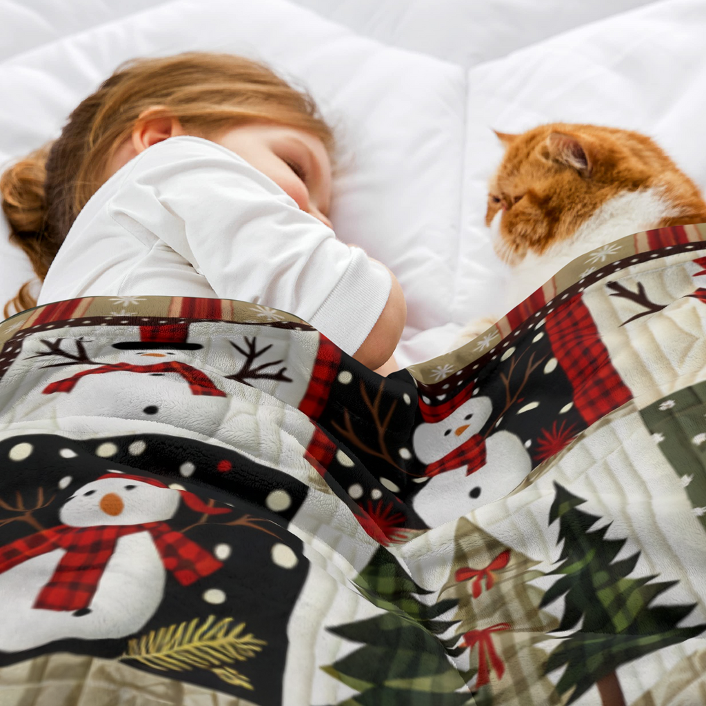 [Cozy Christmas Quilt] Cozy Christmas Flannel Quilt| Snowman, Reindeer Cedar Print Warm Soft Patchwork Throw For Sofa, Bed, Car, Office, Camping Travel - Vintage Style With Plaid Border, All-Season Gi