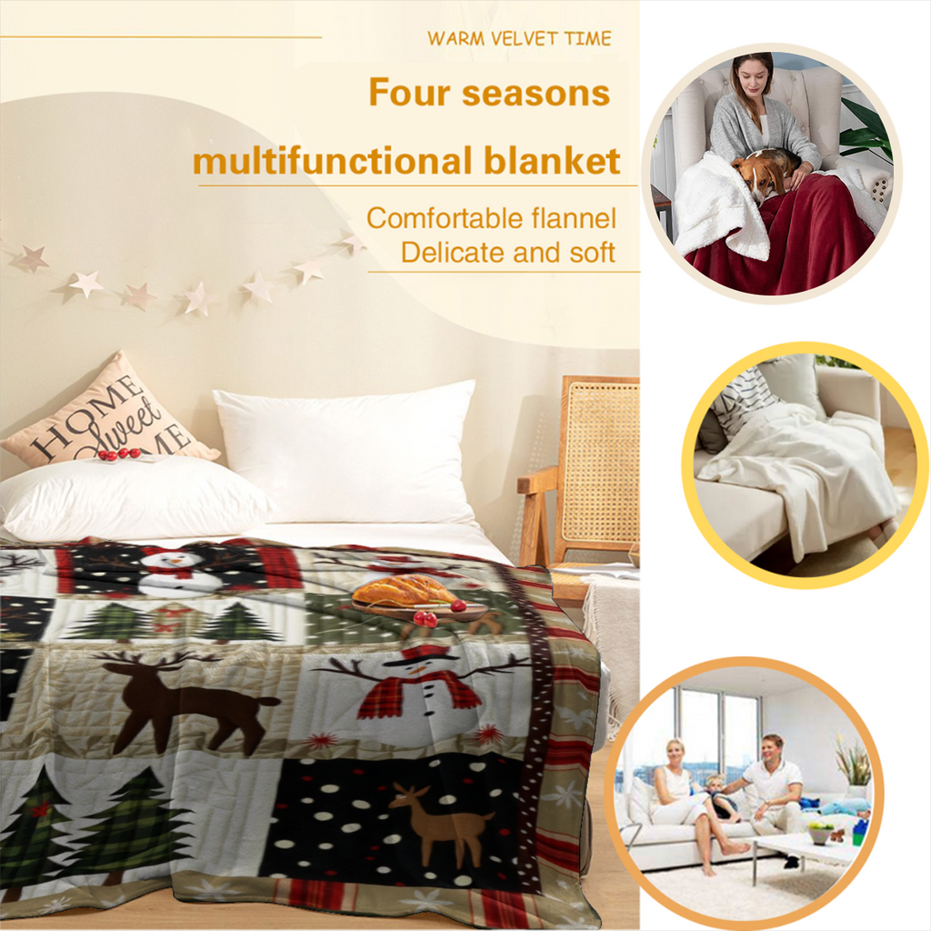 [Cozy Christmas Quilt] Cozy Christmas Flannel Quilt| Snowman, Reindeer Cedar Print Warm Soft Patchwork Throw For Sofa, Bed, Car, Office, Camping Travel - Vintage Style With Plaid Border, All-Season Gi