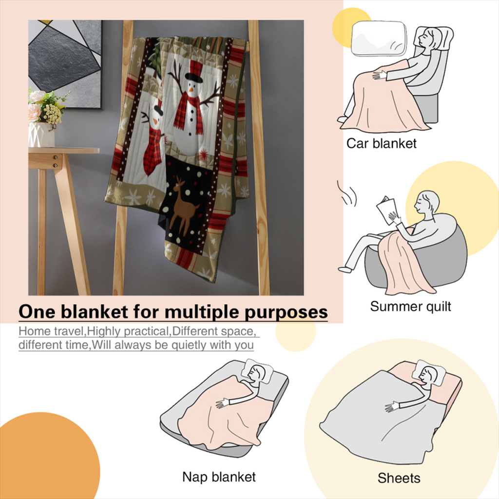 [Cozy Christmas Quilt] Cozy Christmas Flannel Quilt| Snowman, Reindeer Cedar Print Warm Soft Patchwork Throw For Sofa, Bed, Car, Office, Camping Travel - Vintage Style With Plaid Border, All-Season Gi