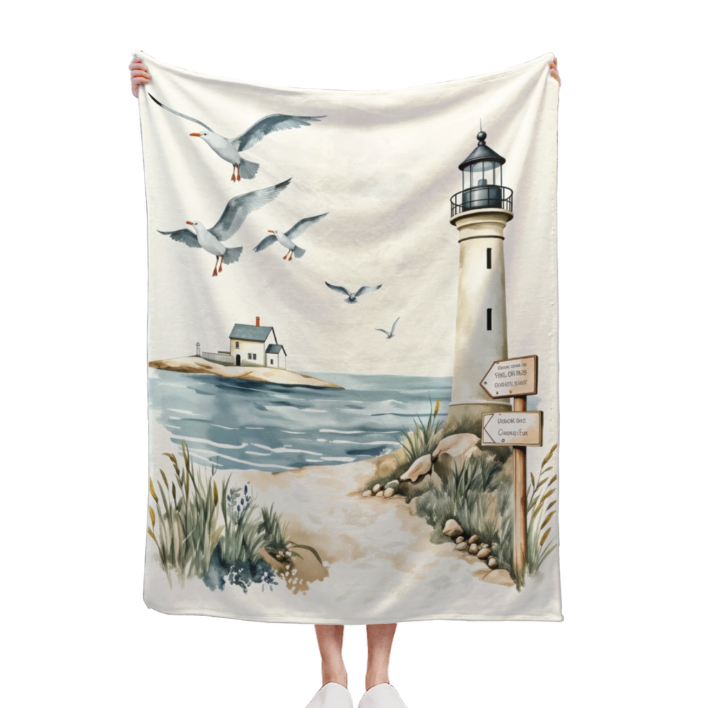 Cozy Vintage Lighthouse & Seagulls Print Flannel Blanket - Soft Warm All-Season Nautical Theme Throw for Sofa Bed Car Office Camping Travel - Machine Washable Gift with Coastal Lighthouse Seagulls Wav
