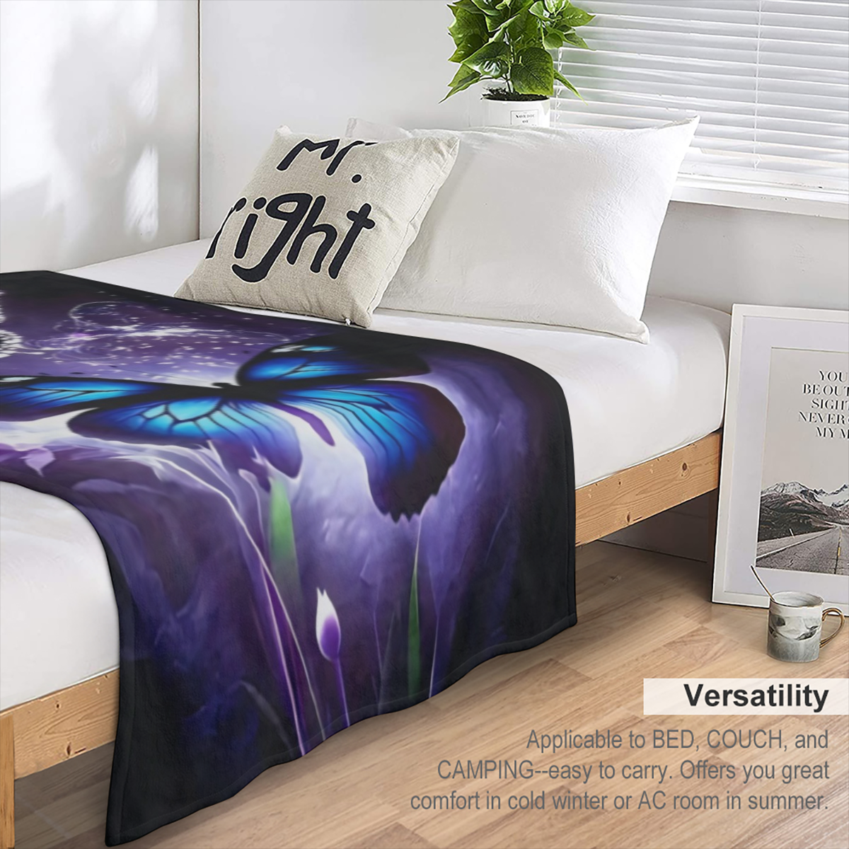 Breathable Polyester Comforter Hypoallergenic Breathable Polyester All-Season Comforter - Contemporary Flannel Bed Blanket with Purple and Blue Butterfly Design - Easy-Care 1pc