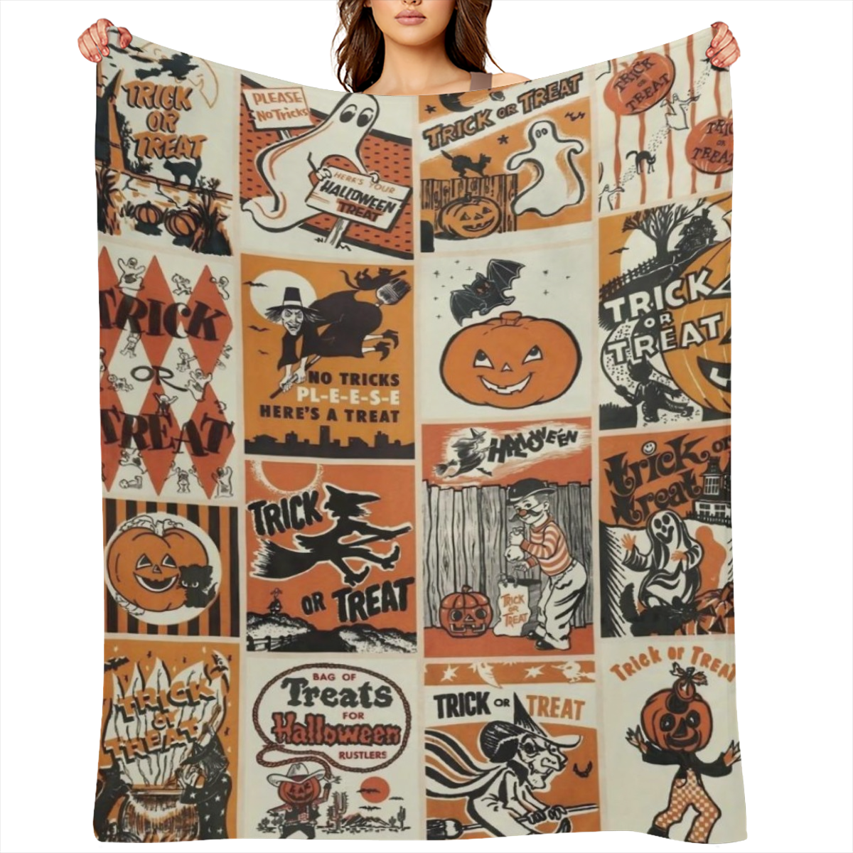 All- Season Polyester Traditional Halloween Horror Theme Knitted Throw Blanket - Multiple Embellishments - Vintage Trick or Treat & Jack- o' - Lantern Patterns