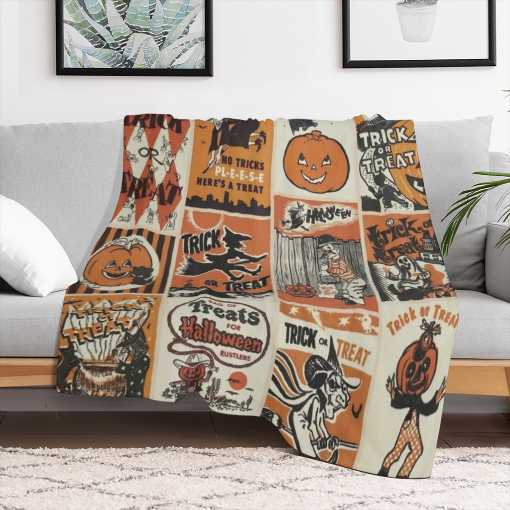 All- Season Polyester Traditional Halloween Horror Theme Knitted Throw Blanket - Multiple Embellishments - Vintage Trick or Treat & Jack- o' - Lantern Patterns