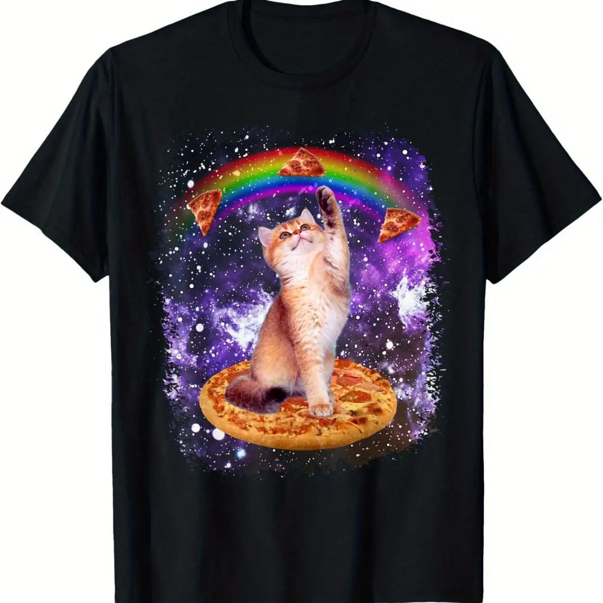 Men'S Space Cat Pizza Graphic T-Shirt - Black Tee with Cute Kitty in Space & Pizza Slice Design, Rainbow Galaxy Print, Short Sleeve Round Neck Casual Shirt for Halloween, Christmas, Casual Attire - All Sizes Available, Durable Digital Print