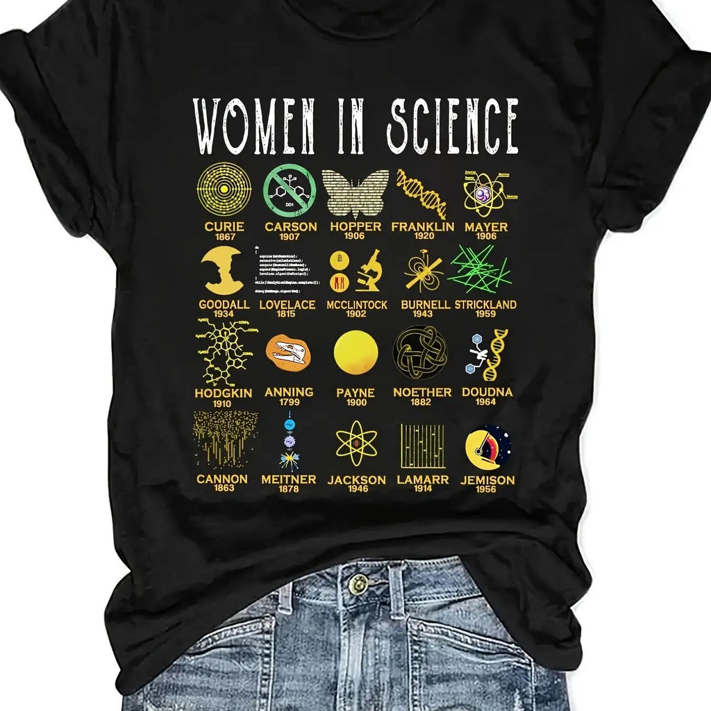 Women'S Dark -Themed Science Icons T-Shirt - Curie, DNA Double Helix, Rosalind & Marie Curie Graphic Tee - Soft Crew Neck Short Sleeve Casual Top for STEM Enthusiasts, Casual Attire & Science Events - All-Season Fit Women'S Empowerment Apparel
