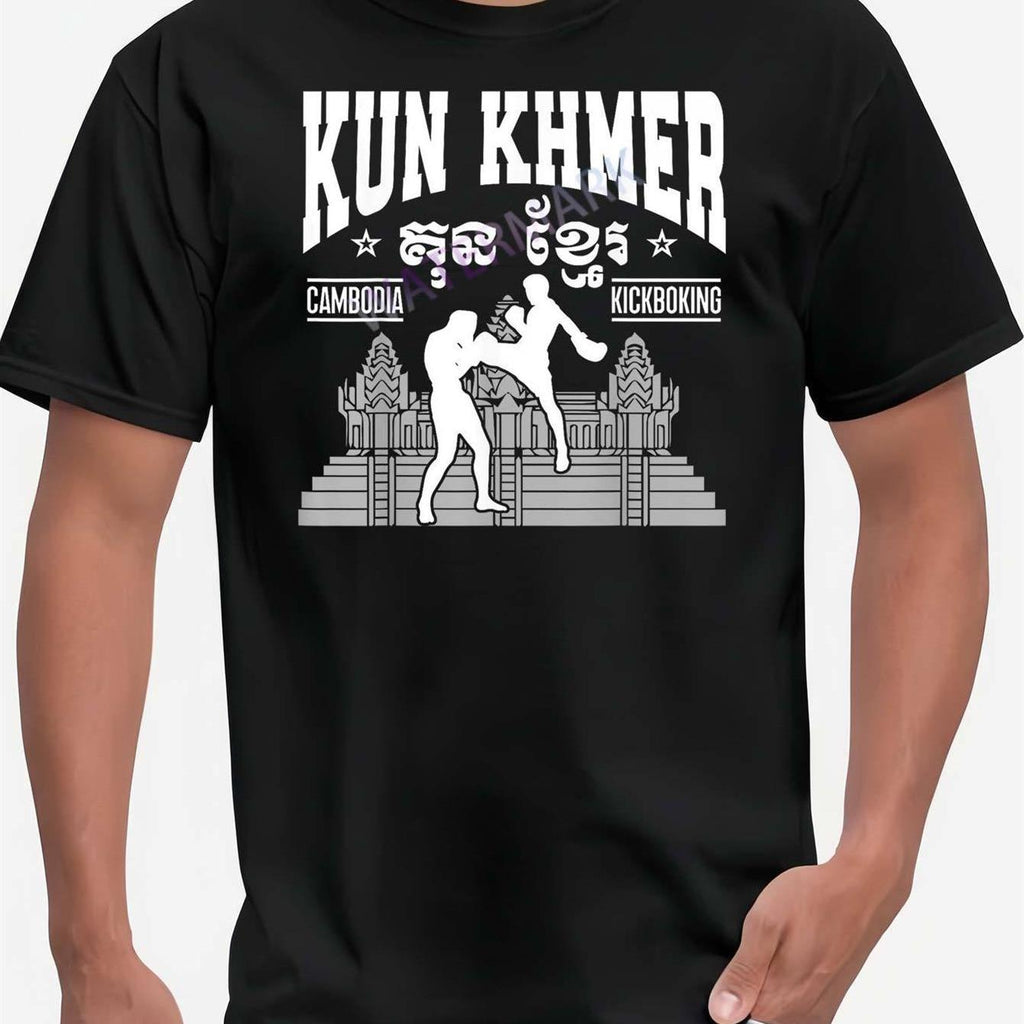 Men'S Bokator Kun Khmer Graphic T-Shirt - Traditional Martial Art Design with Fighter Silhouettes & Temple Motifs, Black Short Sleeve Casual Tee, Machine Washable Regular Fit, Everyday Tshirt | Bold Print Shirt | Durable Fabric