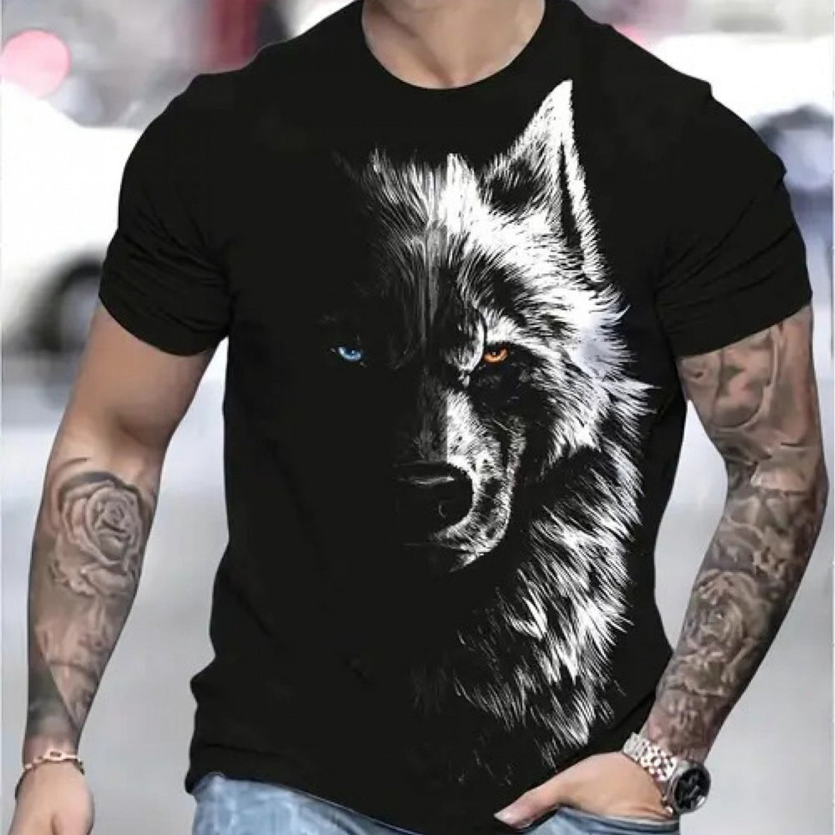 Men'S Retro Wolf Design T-Shirt - Relaxed Fit Crew Neck Top. Washable Daily Streetwear Shirt for Events. Festivals; Casual Wear - Year-Round Comfortable Casual Top. Festival Attire. Striking Print. Sturdy Tee. Short Sleeve Top. City Style.