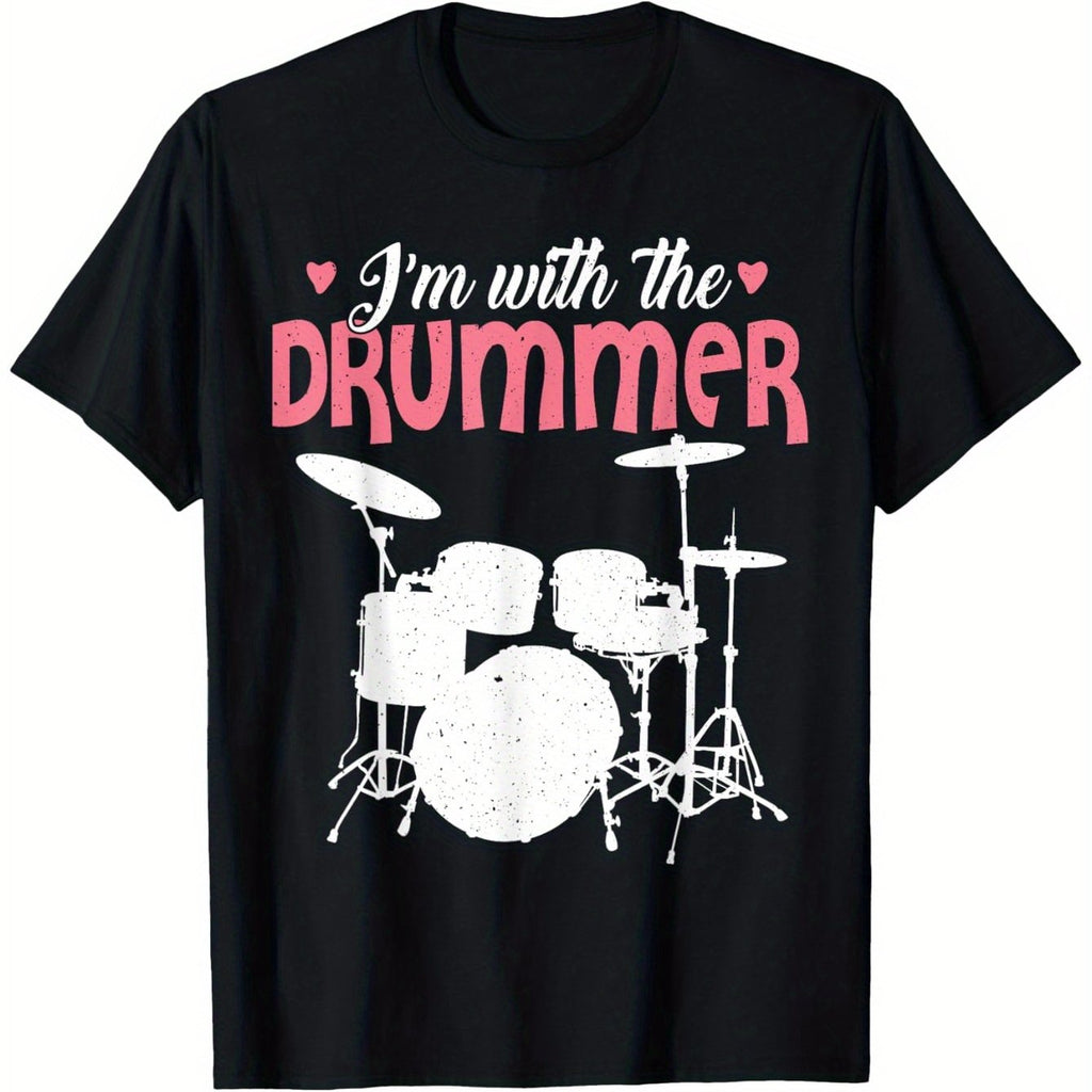 Men'S Funny Drummer Graphic T-Shirt - Black Tee with Pink "I'm with The Drummer" Text & Drum Set Design, Loose Fit Round Neck Casual Shirt for Drummers, Musicians & Music Lovers - Humorous Gift for Members