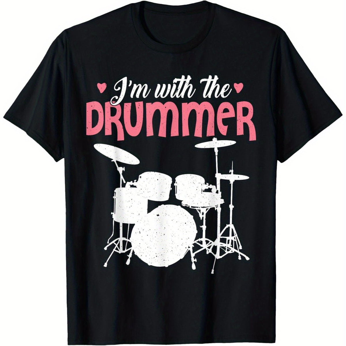 Men'S Funny Drummer Graphic T-Shirt - Black Tee with Pink "I'm with The Drummer" Text & Drum Set Design, Loose Fit Round Neck Casual Shirt for Drummers, Musicians & Music Lovers - Humorous Gift for Members