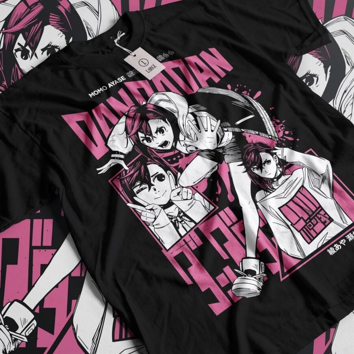 Dandadan Momo Cosplay T-Shirt - Black Anime Graphic Tee with Pink & White Character Design, Short Sleeve Crew Neck, All-Season Comfort Fit for Fans, Anime T Shirts, Fan Merchandise, Dynamic Character Pose, Bold Print Design