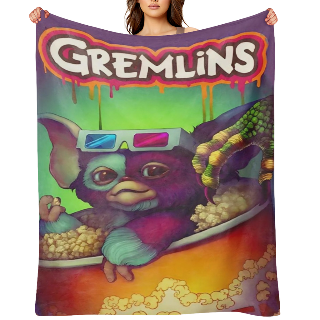 1pc Gremlins Cartoon Character Flannel Throw Blanket - Soft, Cozy, and Warm Knitted Polyester Blanket for All Seasons, Vibrant Red Digital Printed Design, Perfect for Bed, Travel, Camping, Living Room