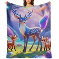 1pc Dreamy Spotted Deer & Foxes Printed Flannel Blanket - Ultra- Soft, Lightweight & Warm Throw in Vibrant Forest Scene for Sofa, Bed, Travel, Camping - Durable Digital Print Fleece, Perfect Gift for