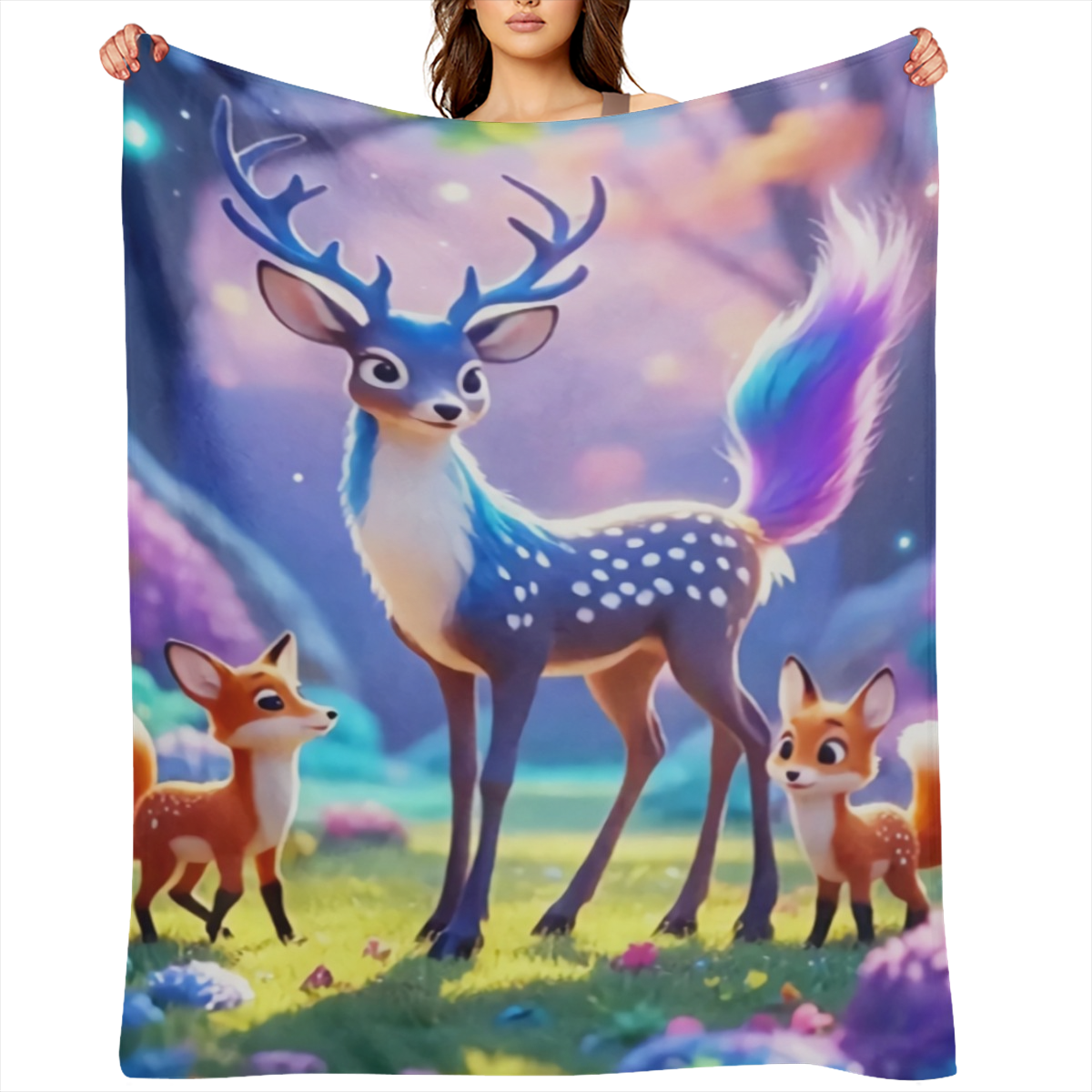 1pc Dreamy Spotted Deer & Foxes Printed Flannel Blanket - Ultra- Soft, Lightweight & Warm Throw in Vibrant Forest Scene for Sofa, Bed, Travel, Camping - Durable Digital Print Fleece, Perfect Gift for