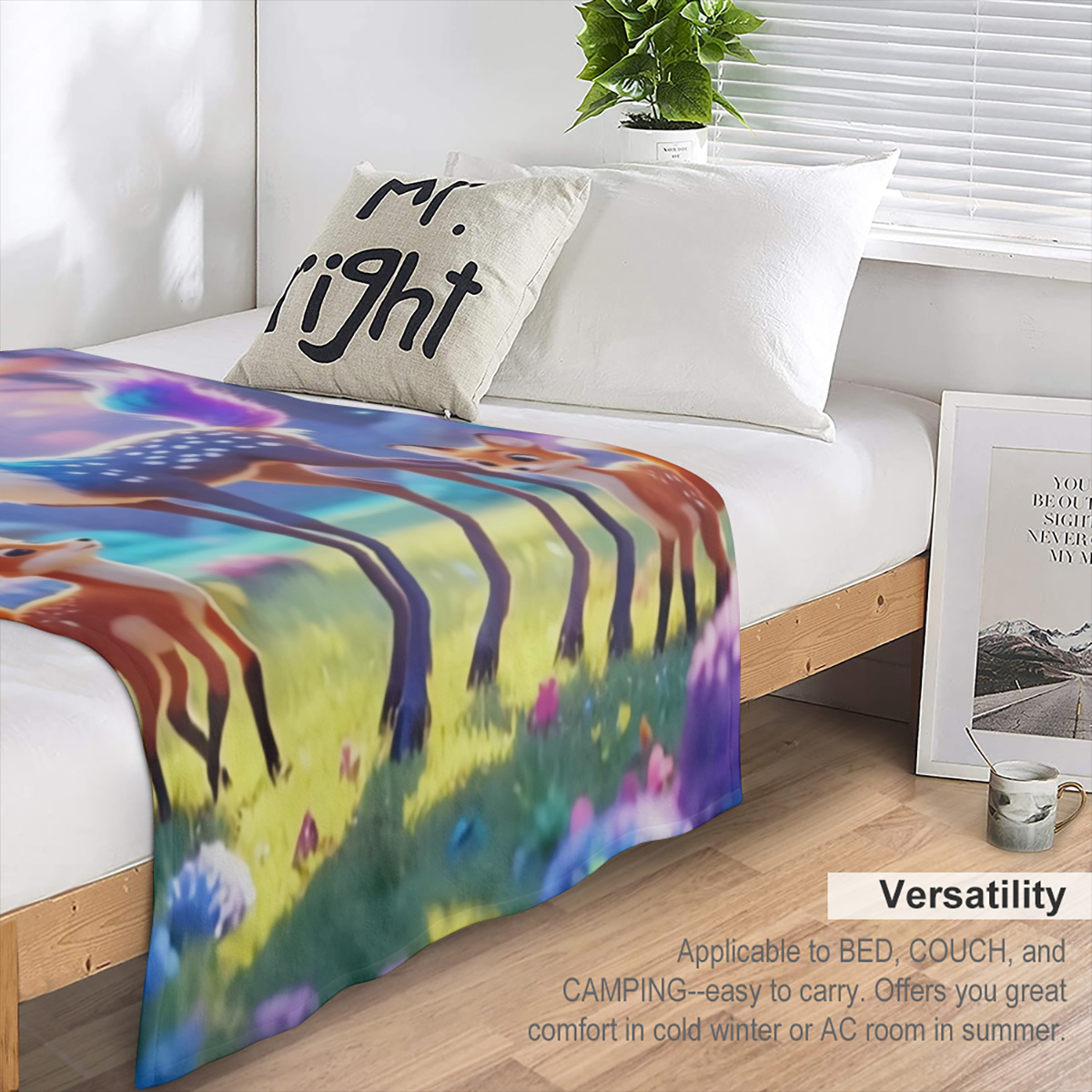 1pc Dreamy Spotted Deer & Foxes Printed Flannel Blanket - Ultra- Soft, Lightweight & Warm Throw in Vibrant Forest Scene for Sofa, Bed, Travel, Camping - Durable Digital Print Fleece, Perfect Gift for
