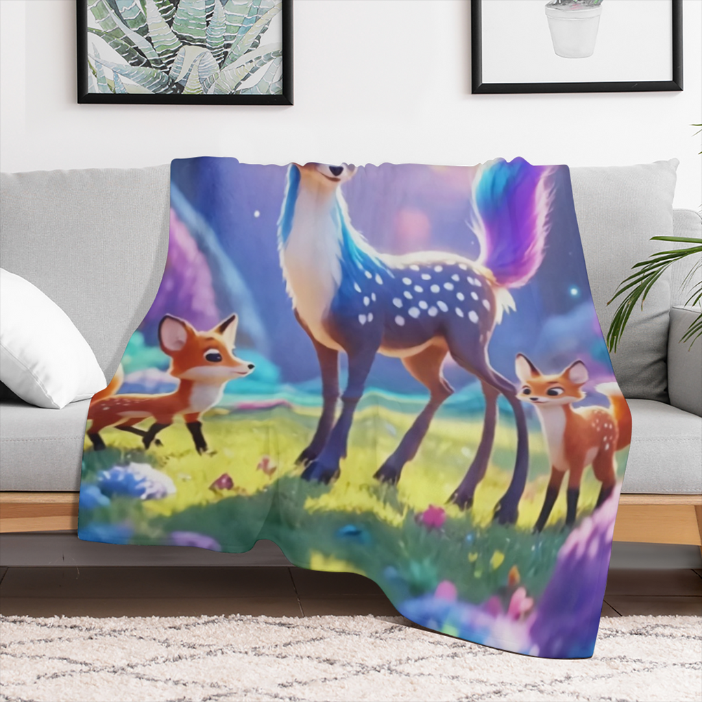 1pc Dreamy Spotted Deer & Foxes Printed Flannel Blanket - Ultra- Soft, Lightweight & Warm Throw in Vibrant Forest Scene for Sofa, Bed, Travel, Camping - Durable Digital Print Fleece, Perfect Gift for