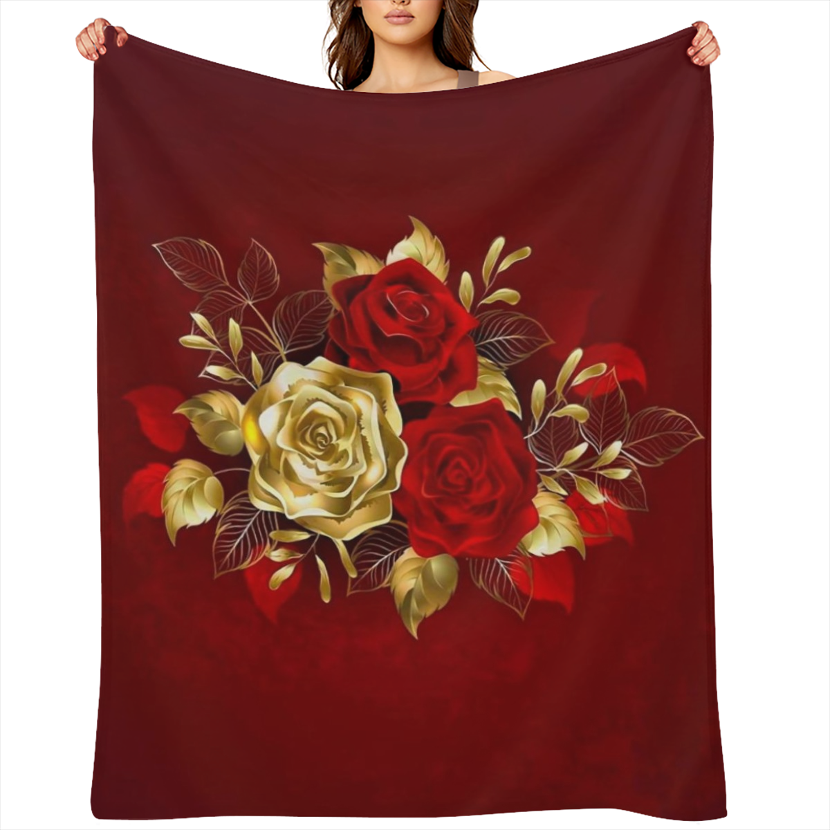 1pc Luxury Red Rose Printed Flannel Blanket - Soft, Comfortable, All-Season Knitted Polyester Throw for Sofa, Bed, Travel, Office - Geometric Pattern, Cottage Style, Digital Print, Washable - Ideal fo