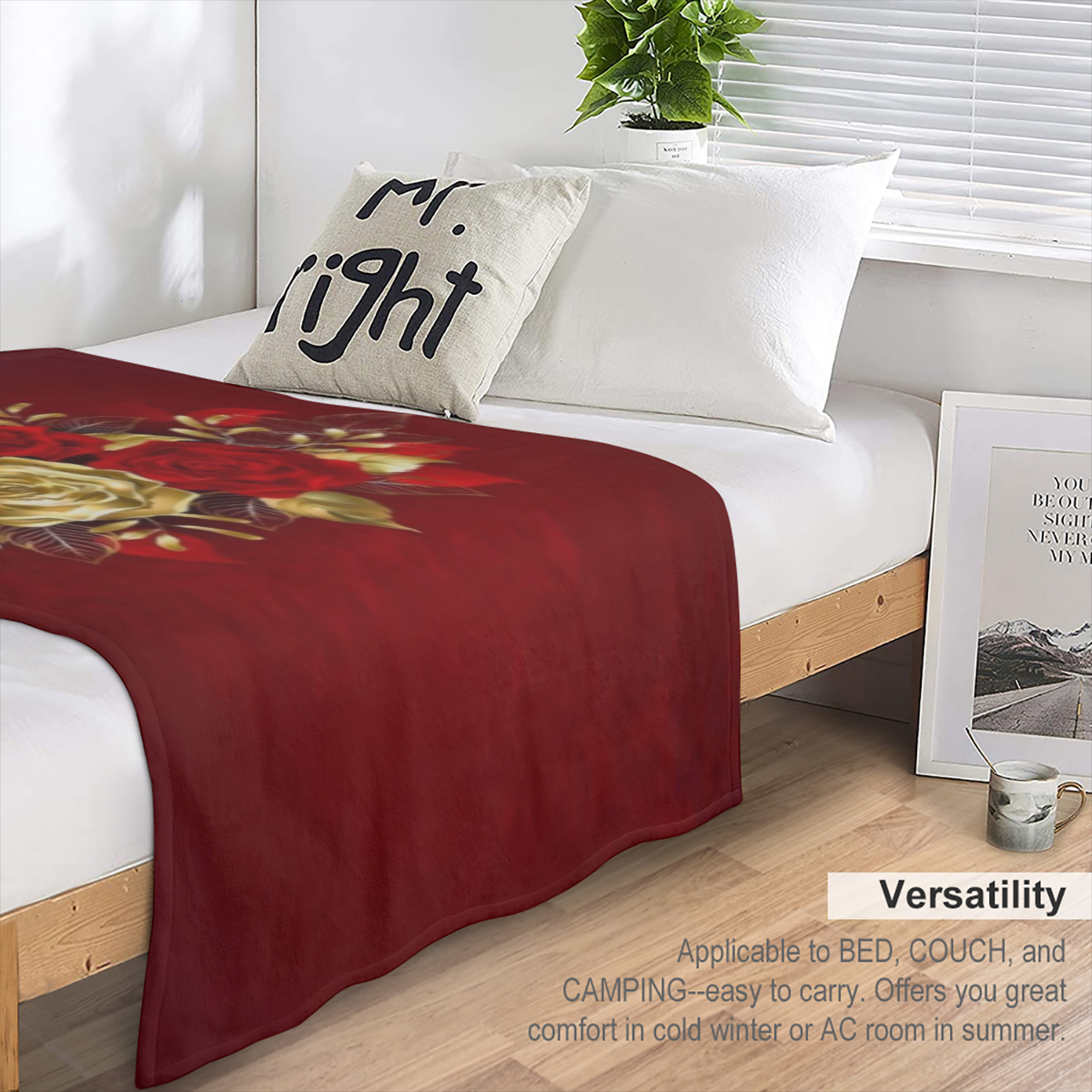 1pc Luxury Red Rose Printed Flannel Blanket - Soft, Comfortable, All-Season Knitted Polyester Throw for Sofa, Bed, Travel, Office - Geometric Pattern, Cottage Style, Digital Print, Washable - Ideal fo