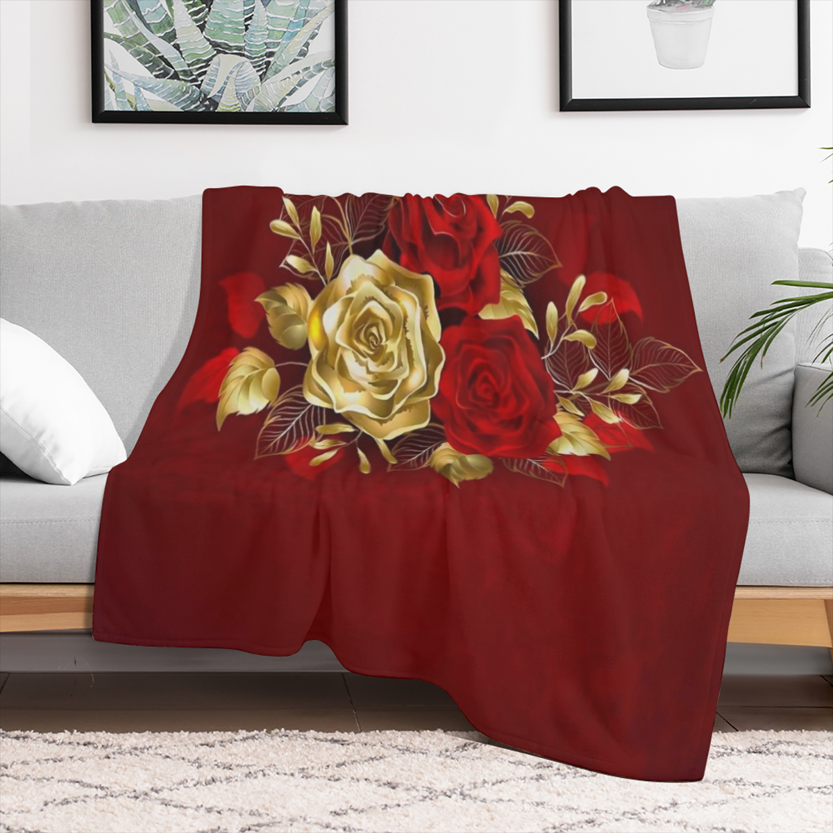 1pc Luxury Red Rose Printed Flannel Blanket - Soft, Comfortable, All-Season Knitted Polyester Throw for Sofa, Bed, Travel, Office - Geometric Pattern, Cottage Style, Digital Print, Washable - Ideal fo