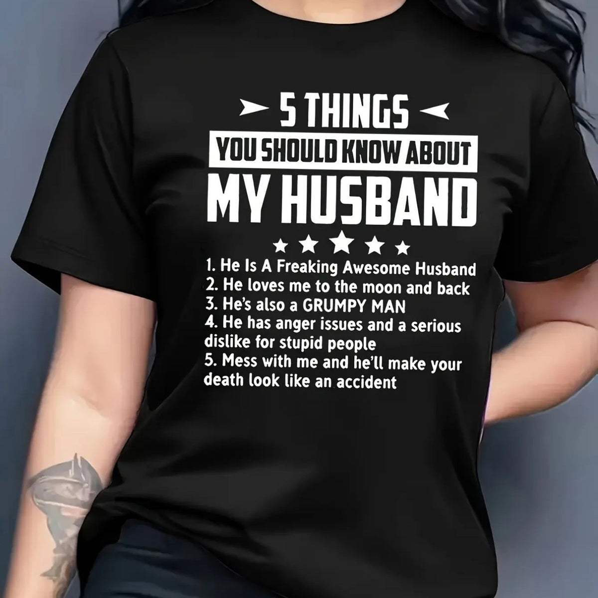 Women'S Casual Short Sleeve Crew Neck T-Shirt - 5 Things You Should Know About My Husband, 100%, Loose Fit, Machine Washable, Breathable & Comfortable Fabric, Summer Top with Geometric Pattern, Relaxed Fit Tee | Playful Graphic Tee | Breathable Fabric