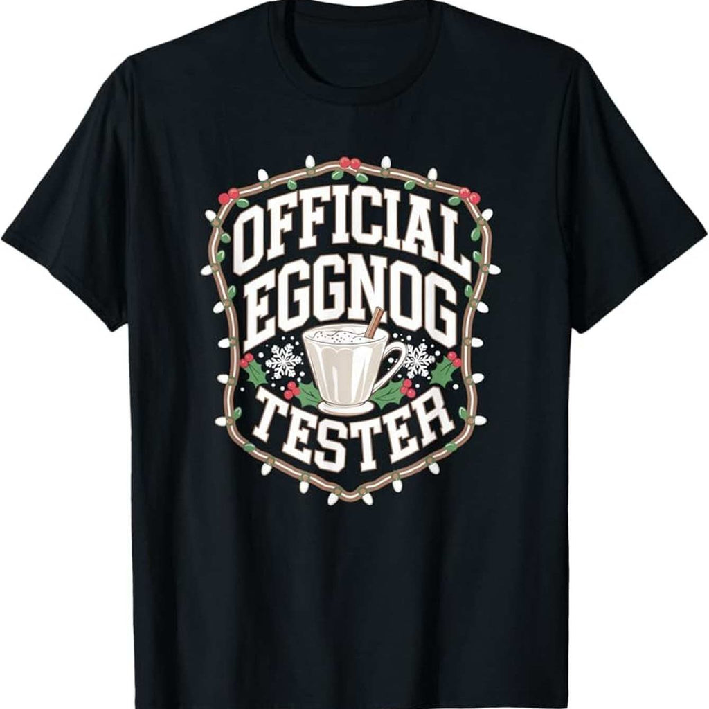 Men's Funny Official Eggnog Tester Christmas T-Shirt - Heavyweight 180gsm Short Sleeve Round Neck Tee with Eggnog Cup & Candy Cane Graphic - Novelty Holiday Party Gift for Year-Round Casual Wear
