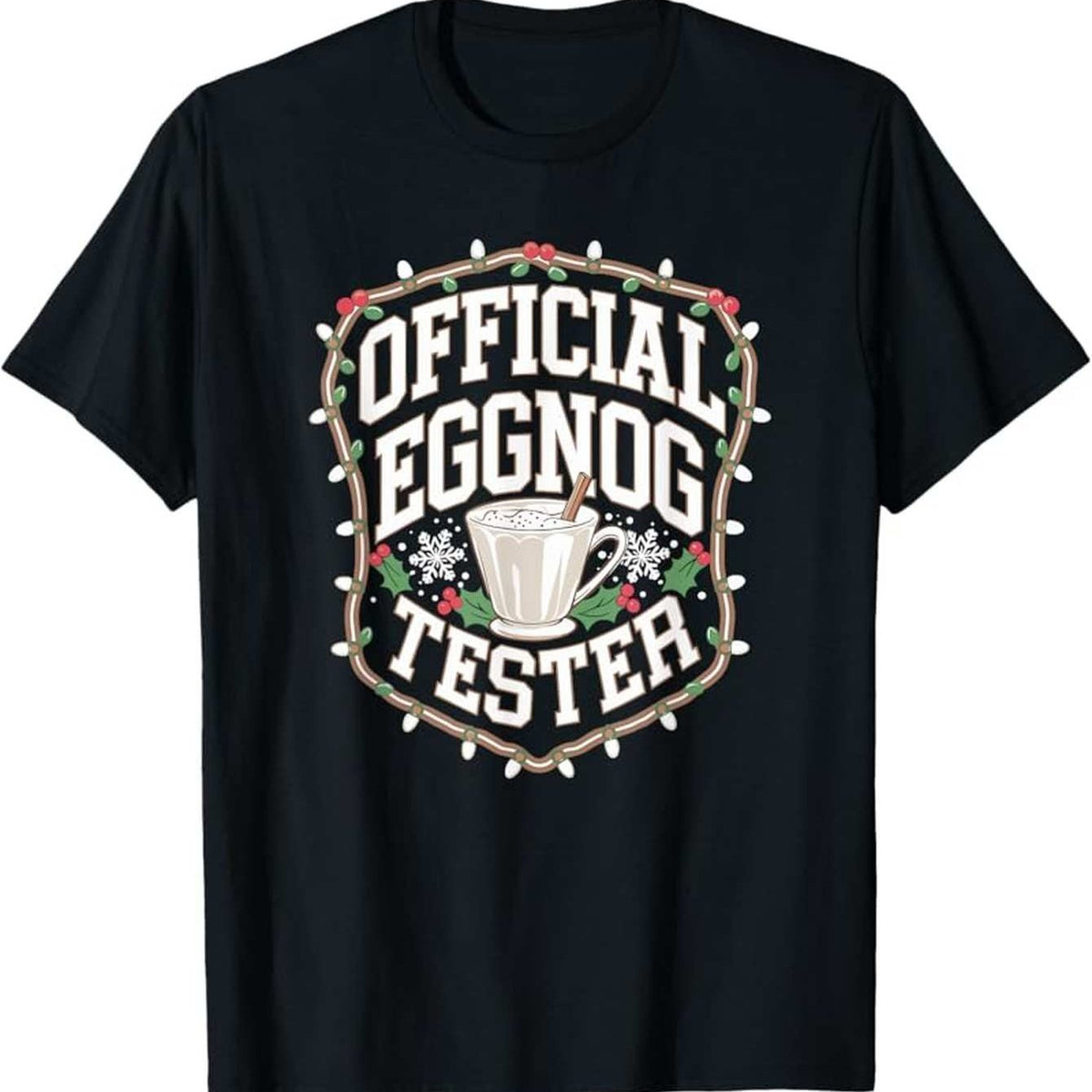 Men's Funny Official Eggnog Tester Christmas T-Shirt - Heavyweight 180gsm Short Sleeve Round Neck Tee with Eggnog Cup & Candy Cane Graphic - Novelty Holiday Party Gift for Year-Round Casual Wear