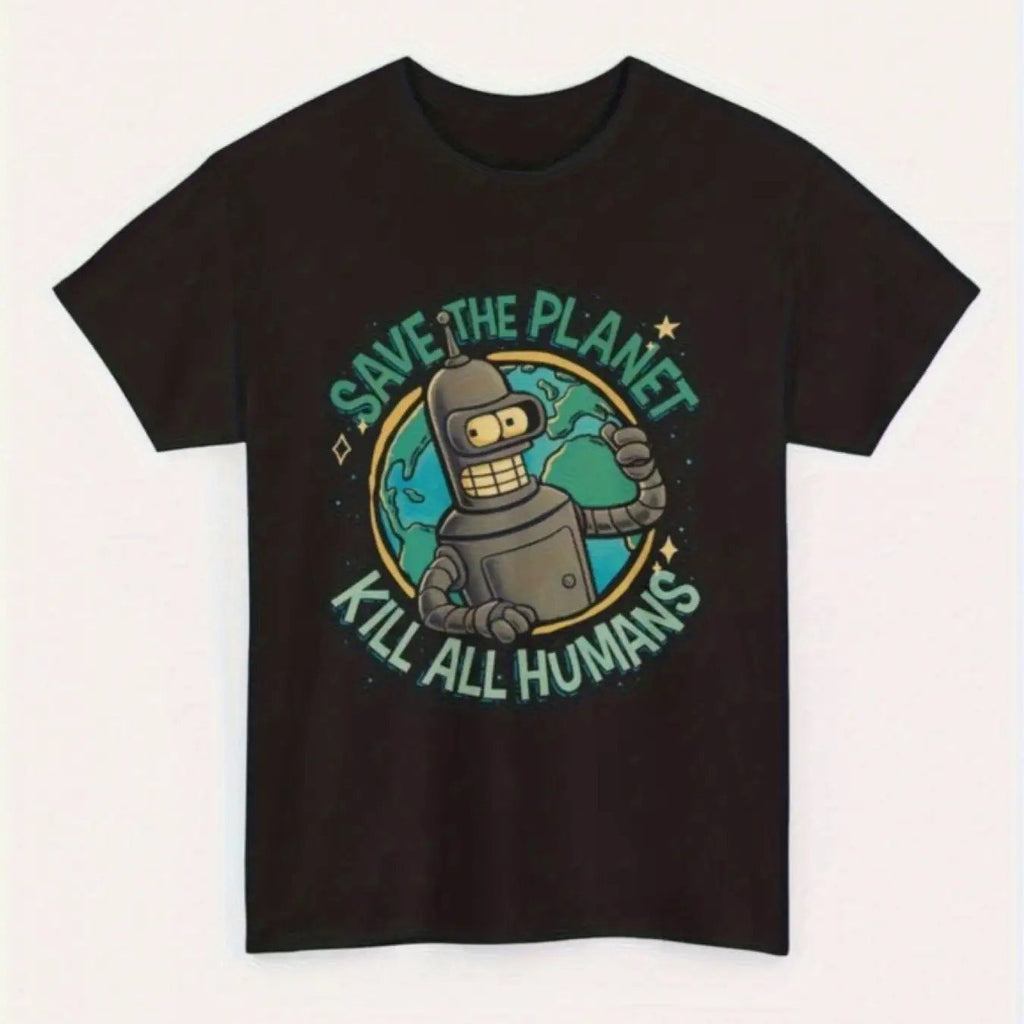 Men'S Futurama Bender Robot "Save The Planet Kill All Humans" Graphic T-Shirt - Funny Bender Tee with Planet Destruction Quote, Black Crew Neck Casual Shirt for Adults, Breathable 220gsm Heavyweight Fabric, All-Season Comfort