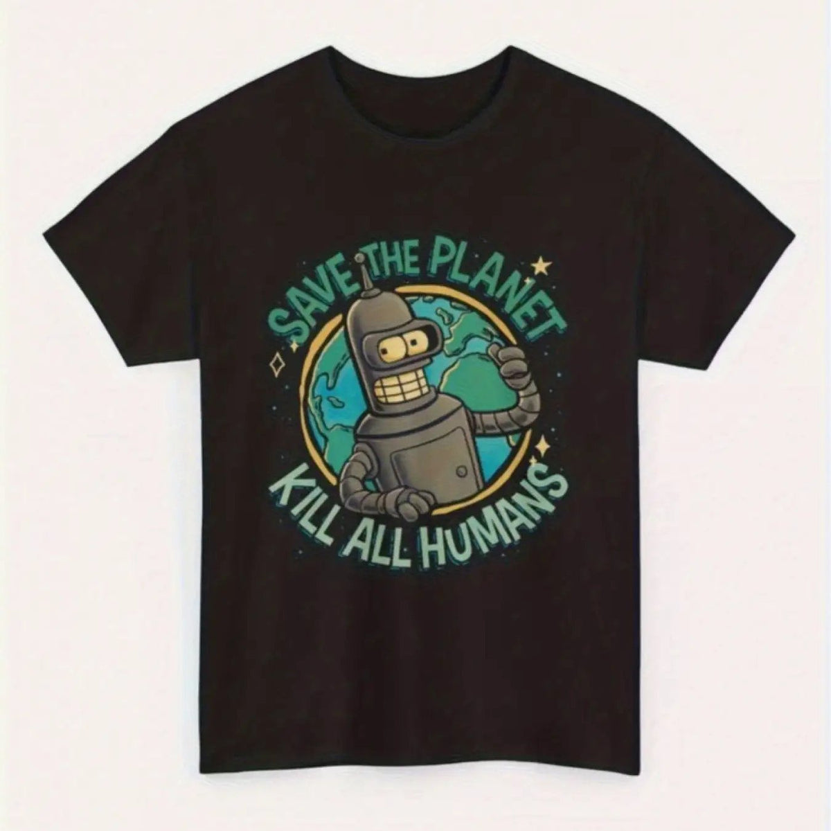 Men'S Futurama Bender Robot "Save The Planet Kill All Humans" Graphic T-Shirt - Funny Bender Tee with Planet Destruction Quote, Black Crew Neck Casual Shirt for Adults, Breathable 220gsm Heavyweight Fabric, All-Season Comfort