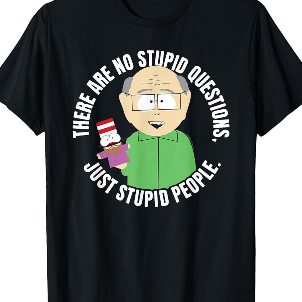 Men'S Plus-Size 180g Heavyweight Funny T-Shirt - "No Stupid Questions" Cartman & Kenny Graphic Tee, 100% Casual Round Neck Short Sleeve Shirt for Fans, Pop Culture Gift for Adults, Comedy Convention Outfit, Fan Merchandise