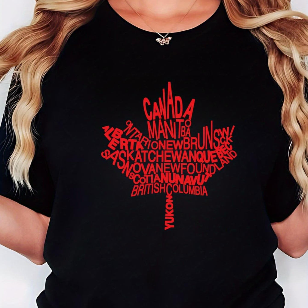 Fashionable Printed Casual Round Neck Short-Sleeved Pure Loose Retro Outdoor T-Shirt Spring, Summer & Fall Clothes for Men And Women Black Machine Washable Top - Canada Provinces In Maple
