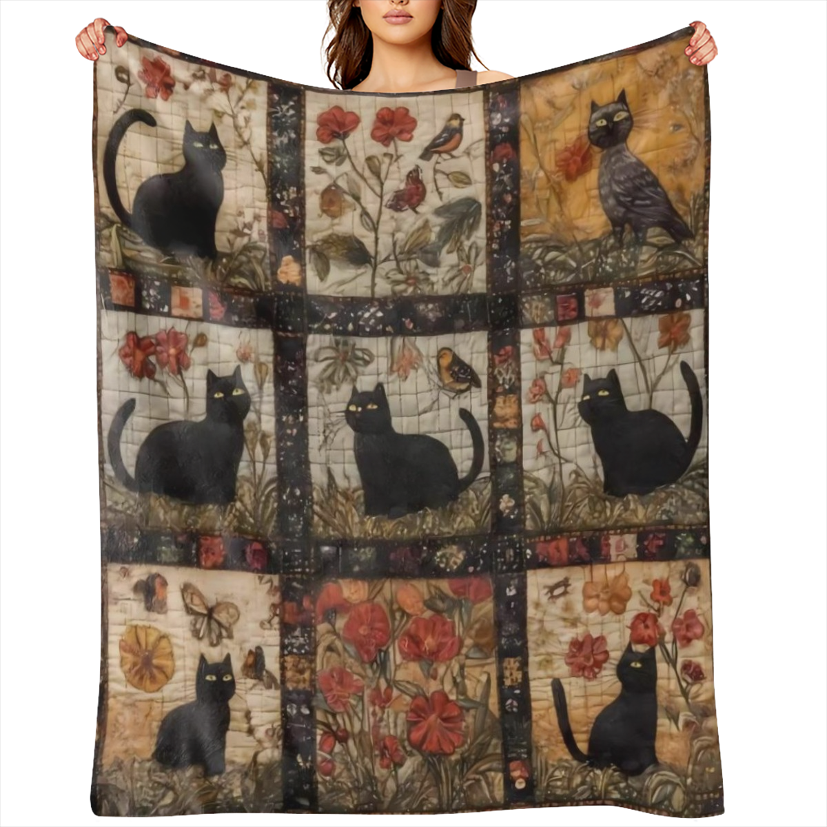 A vintage cat- and- bird checkered blanket - soft, warm and cozy all season knitted blanket, ideal for sofabed, sofa, car office, digital printing, any occasion.