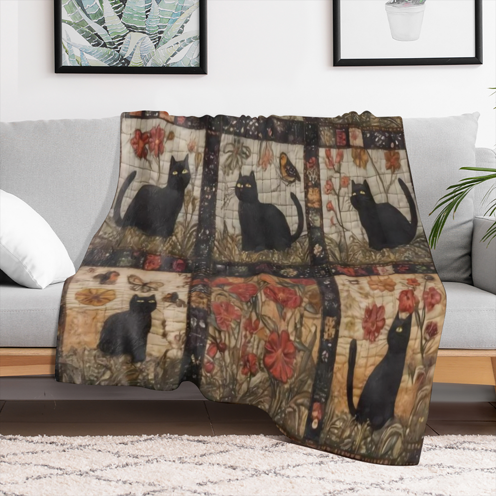 A vintage cat- and- bird checkered blanket - soft, warm and cozy all season knitted blanket, ideal for sofabed, sofa, car office, digital printing, any occasion.