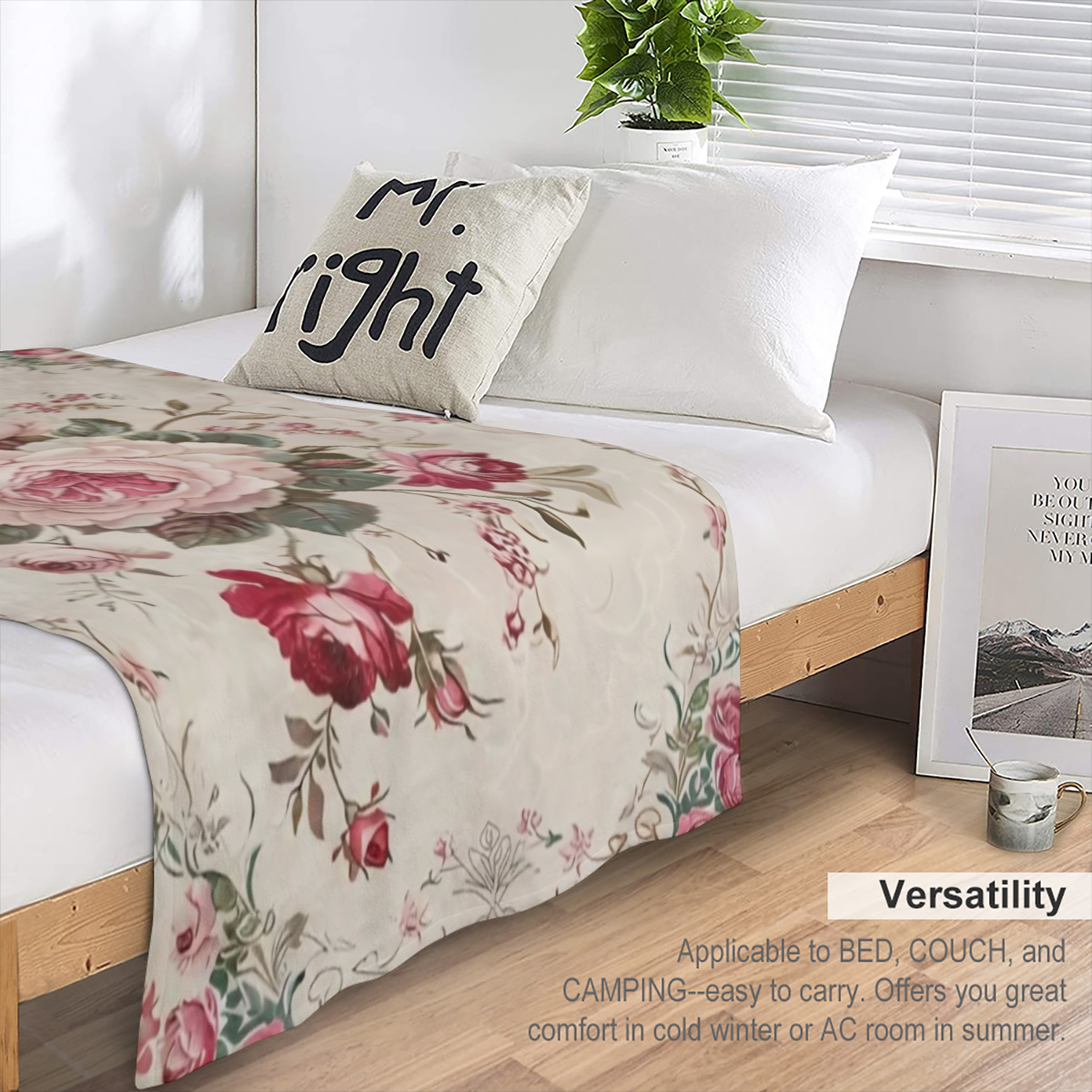 1pc Soft Pink Flower Print Flannel Blanket - Ultra Comfortable, Cozy, and Versatile for Nap, Office, School, Home, Picnic, and Travel