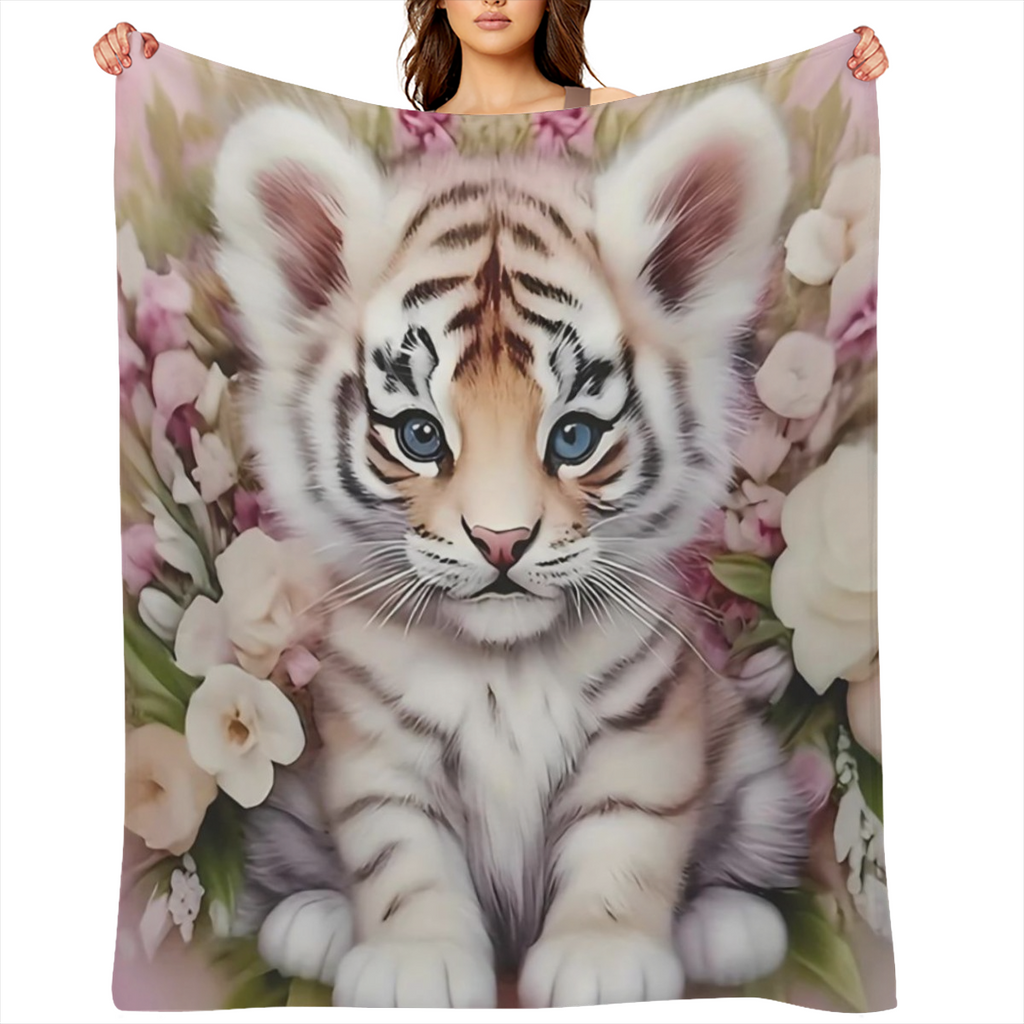 1pieza Tigre Pequeo y Esponjoso con Flores Estampado Divertido Manta de Franela, Suave y Clida Manta Acogedora Amigable con la Piel Lavable en Mquina para Sof Cama Coche Camping Decoracin para el Hoga