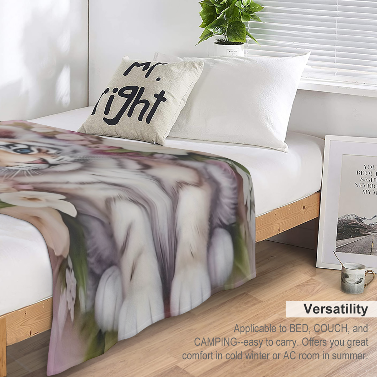 1pieza Tigre Pequeo y Esponjoso con Flores Estampado Divertido Manta de Franela, Suave y Clida Manta Acogedora Amigable con la Piel Lavable en Mquina para Sof Cama Coche Camping Decoracin para el Hoga