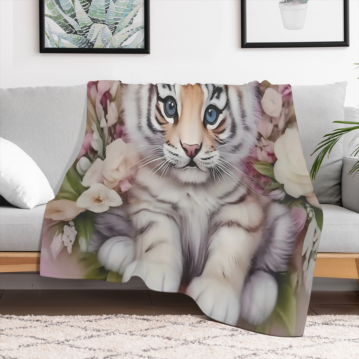 1pieza Tigre Pequeo y Esponjoso con Flores Estampado Divertido Manta de Franela, Suave y Clida Manta Acogedora Amigable con la Piel Lavable en Mquina para Sof Cama Coche Camping Decoracin para el Hoga