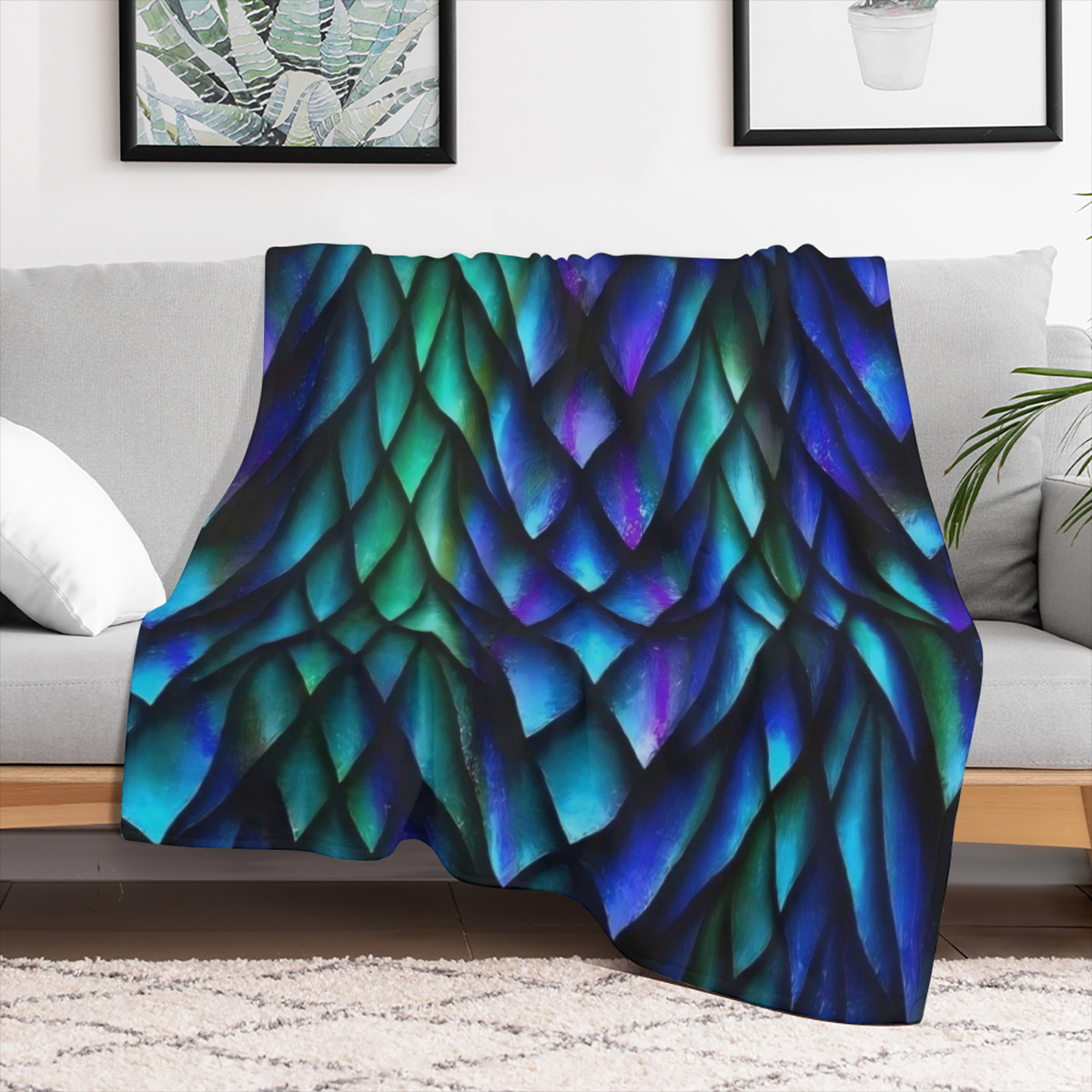 1pc Tri- Color Dragon Scale Print Flannel Throw Blanket - Soft, Warm & Cozy for Couch, Bed, Office, and Travel - Versatile All- Season Gift, Christmas present