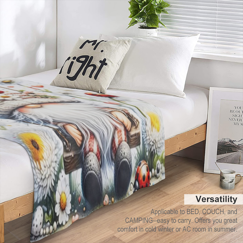 1pc Manta de Franela con Estampado de Gnomo de Diente de Len Blanco Puro, Suave, Clida y Acogedora, Amigable con la Piel, Lavable a Mquina para Sof, Cama, Coche, Camping, Oficina, Decoracin del Hogar,