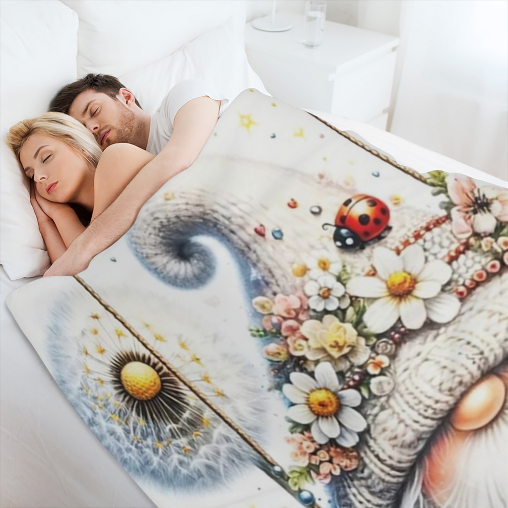 1pc Manta de Franela con Estampado de Gnomo de Diente de Len Blanco Puro, Suave, Clida y Acogedora, Amigable con la Piel, Lavable a Mquina para Sof, Cama, Coche, Camping, Oficina, Decoracin del Hogar,