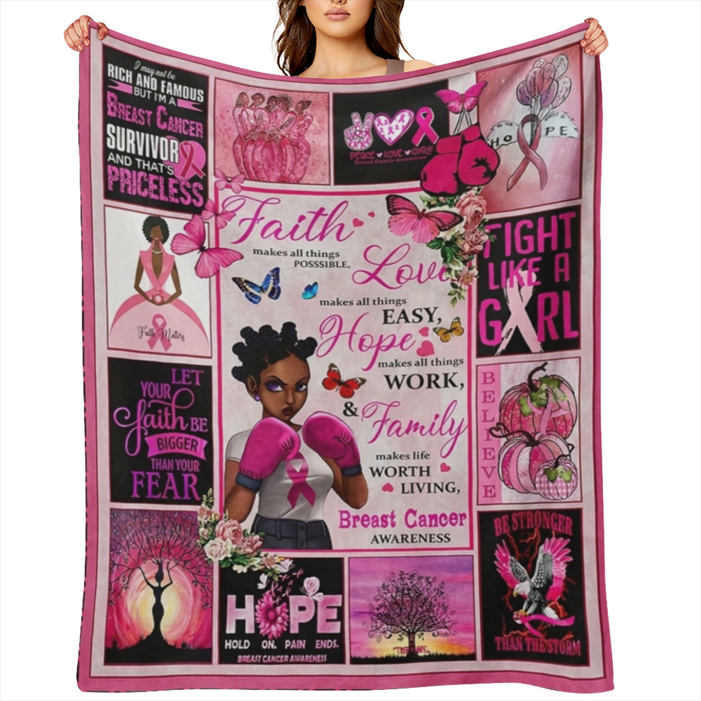 1pc Inspirational Boxing Girl Flannel Throw Blanket - Contemporary Style, All- Season Cozy Polyester, Woven, Motivational Quotes & Pink Ribbon Design - Ideal Gift for Men & Women