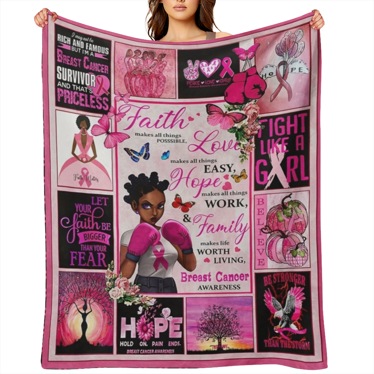 1pc Inspirational Boxing Girl Flannel Throw Blanket - Contemporary Style, All- Season Cozy Polyester, Woven, Motivational Quotes & Pink Ribbon Design - Ideal Gift for Men & Women