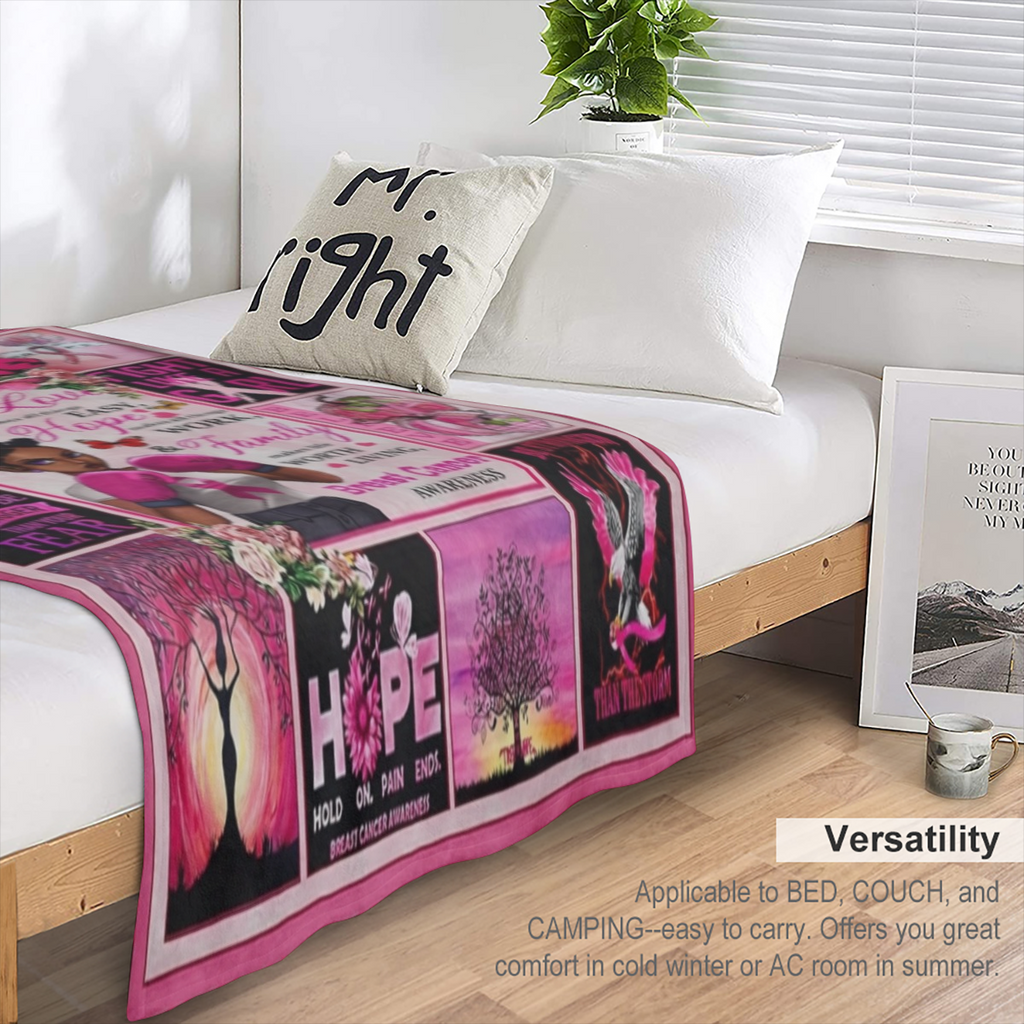 1pc Inspirational Boxing Girl Flannel Throw Blanket - Contemporary Style, All- Season Cozy Polyester, Woven, Motivational Quotes & Pink Ribbon Design - Ideal Gift for Men & Women