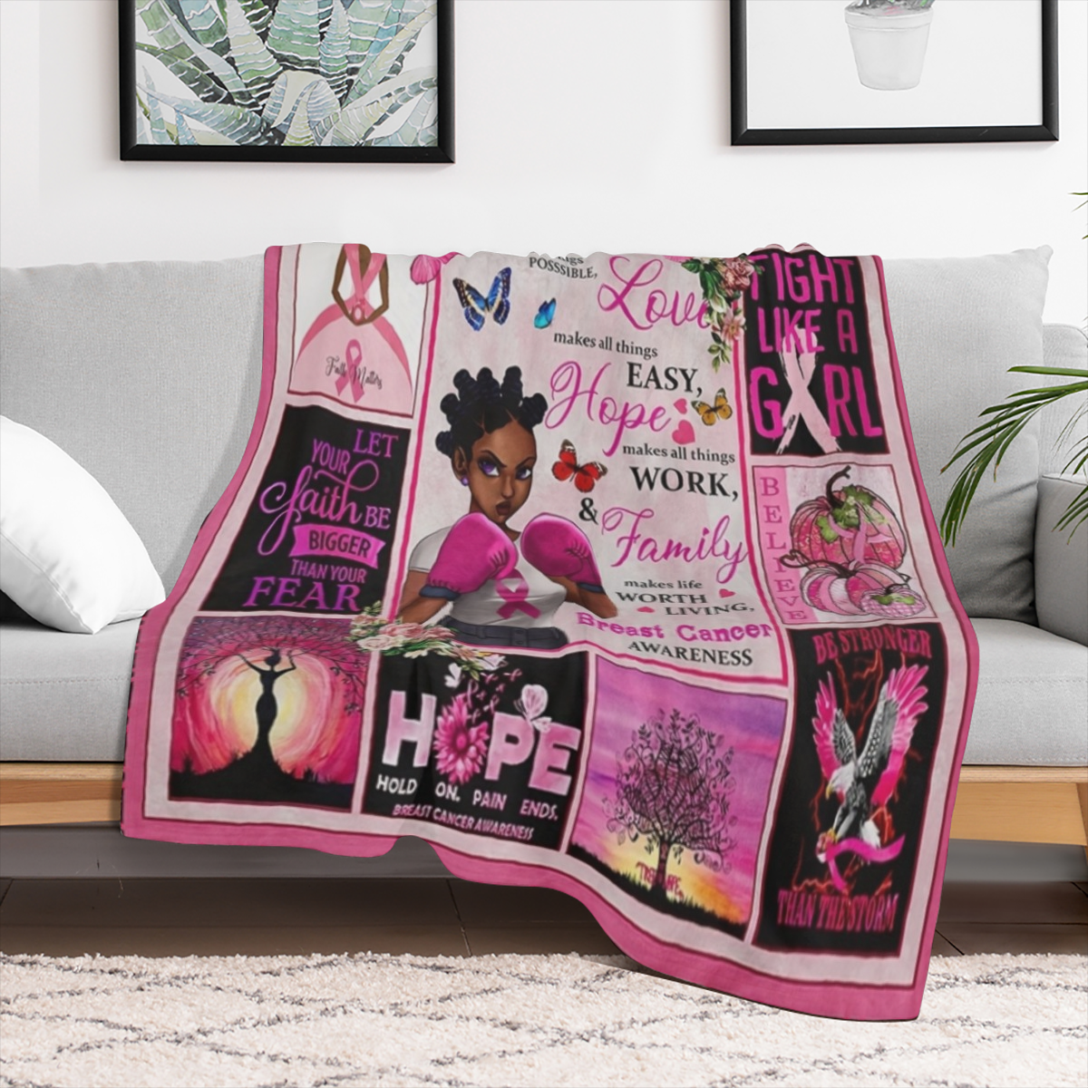 1pc Inspirational Boxing Girl Flannel Throw Blanket - Contemporary Style, All- Season Cozy Polyester, Woven, Motivational Quotes & Pink Ribbon Design - Ideal Gift for Men & Women