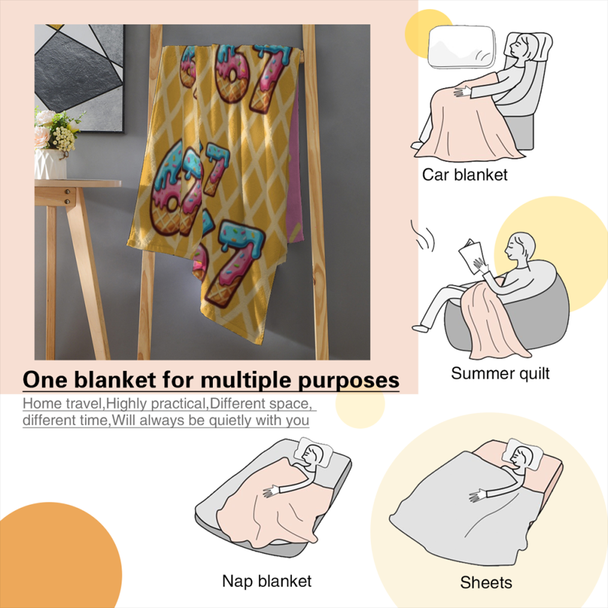 Cute Ice Cream 67 Number Throw Blanket, Pink Dripping Sprinkles Waffle Cone Pattern Soft Flannel Blanket, Sweet Dessert Themed Home Decor