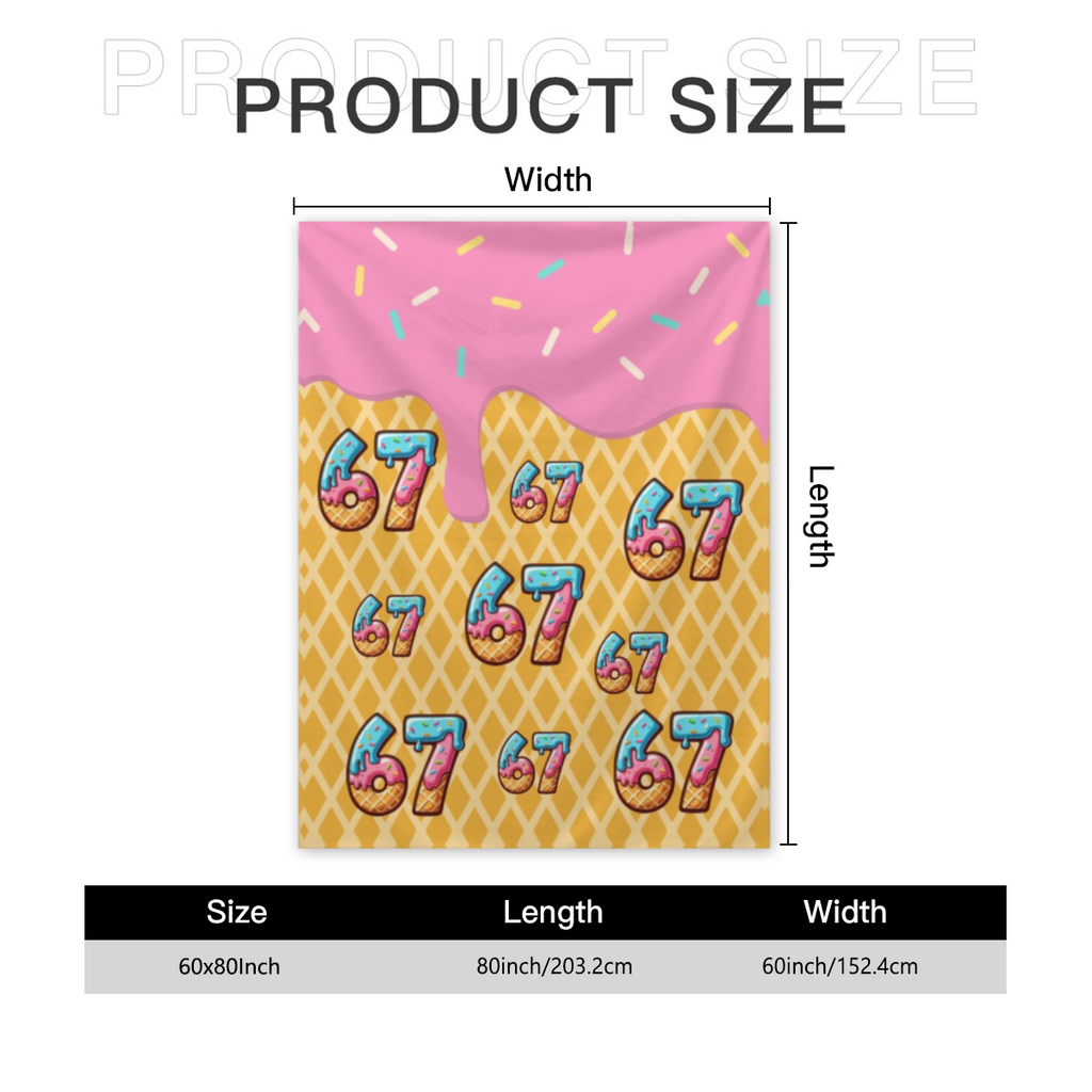 Cute Ice Cream 67 Number Throw Blanket, Pink Dripping Sprinkles Waffle Cone Pattern Soft Flannel Blanket, Sweet Dessert Themed Home Decor