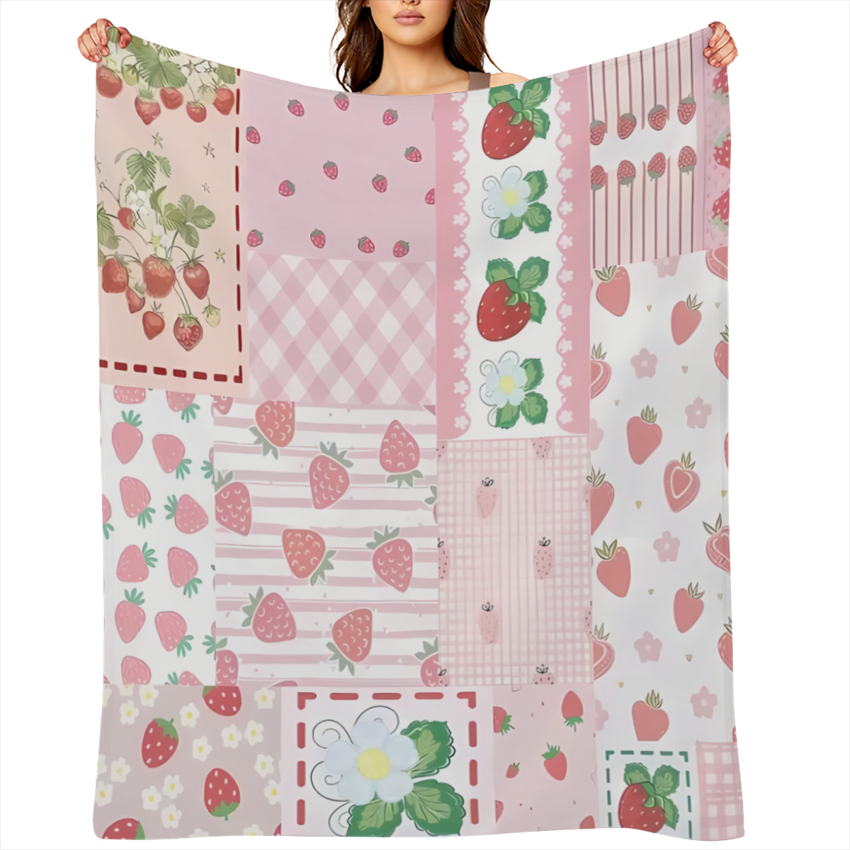 Cozy Pink Strawberry and Floral Blanket - Ultra-Soft 280gsm Polyester Fleece, Lightweight Year-Round Comfort for Sofa, Bed, or Outdoor Use, Machine Washable, Versatile and Snuggly
