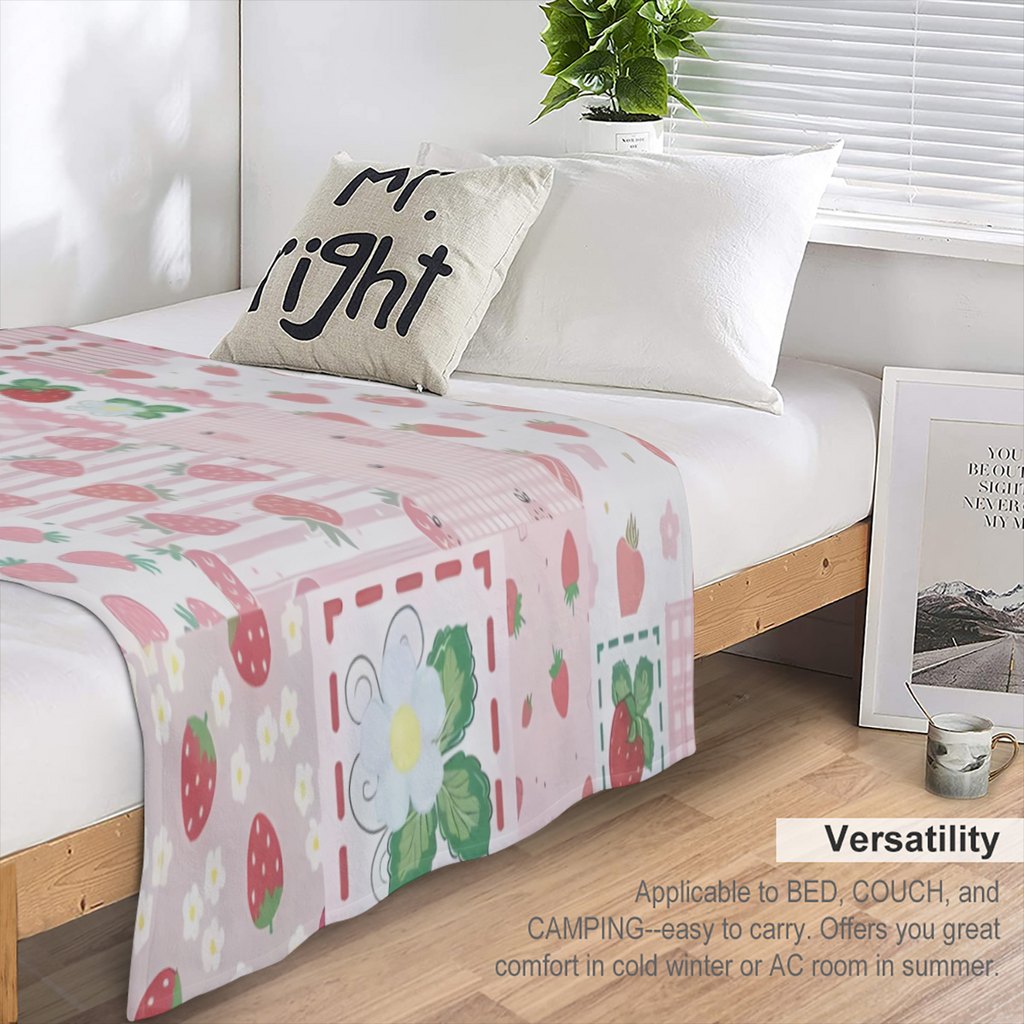 Cozy Pink Strawberry and Floral Blanket - Ultra-Soft 280gsm Polyester Fleece, Lightweight Year-Round Comfort for Sofa, Bed, or Outdoor Use, Machine Washable, Versatile and Snuggly