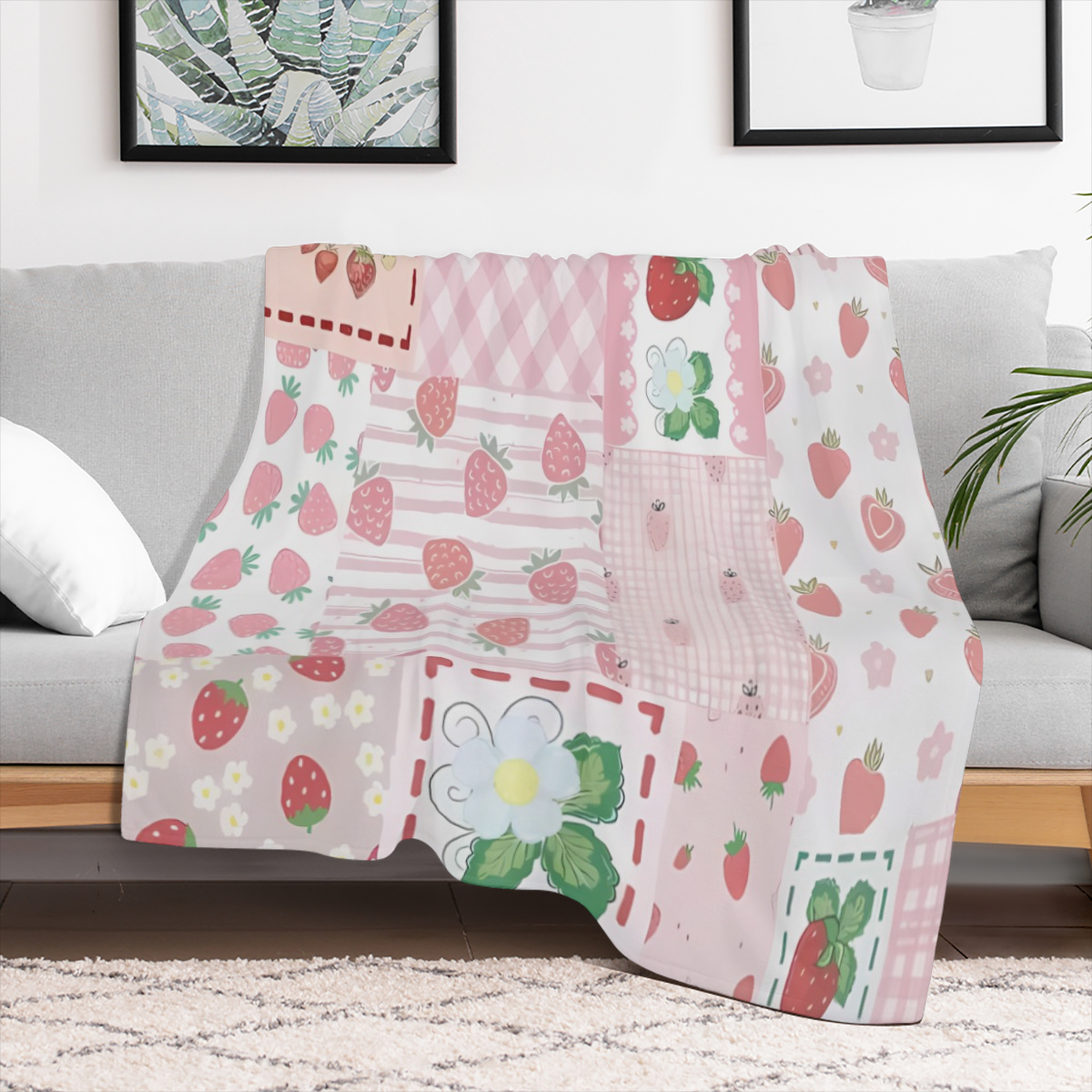 Cozy Pink Strawberry and Floral Blanket - Ultra-Soft 280gsm Polyester Fleece, Lightweight Year-Round Comfort for Sofa, Bed, or Outdoor Use, Machine Washable, Versatile and Snuggly